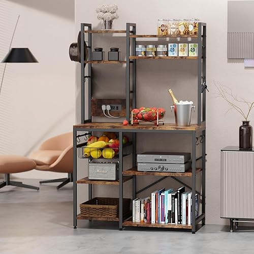 Miniatura 5 de Luckyeestar Estante de cocina de pie de 5 niveles con toma de corriente, soporte de microondas de 5 niveles, barra de café con 6 ganchos en forma de