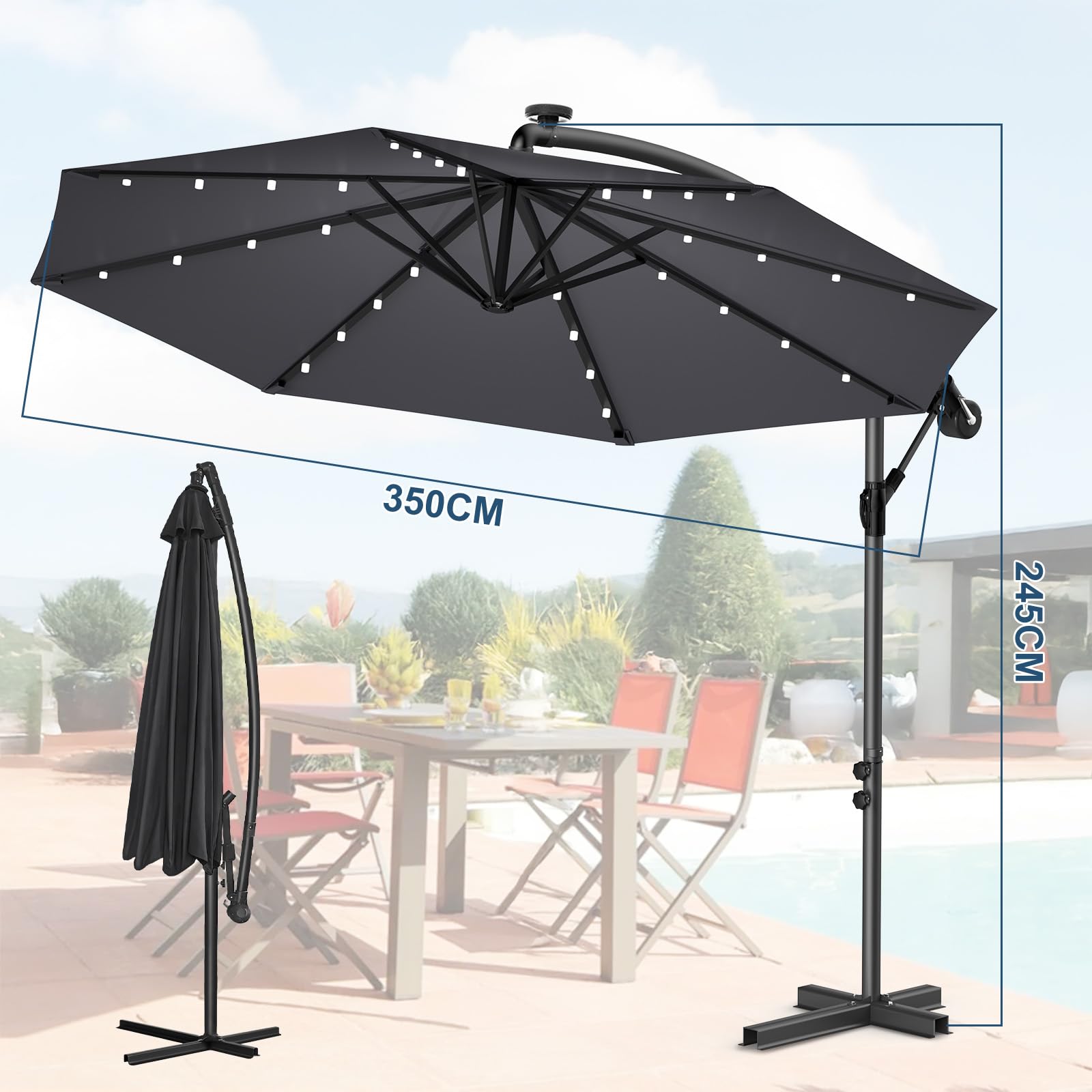 Ampelschirm 300-350cm – 360° drehbarer Kurbelschirm mit UV40+ & wasserabweisend, wahlweise mit oder ohne Solar-LED, inklusive Kreuzbasis für Garten & Terrasse