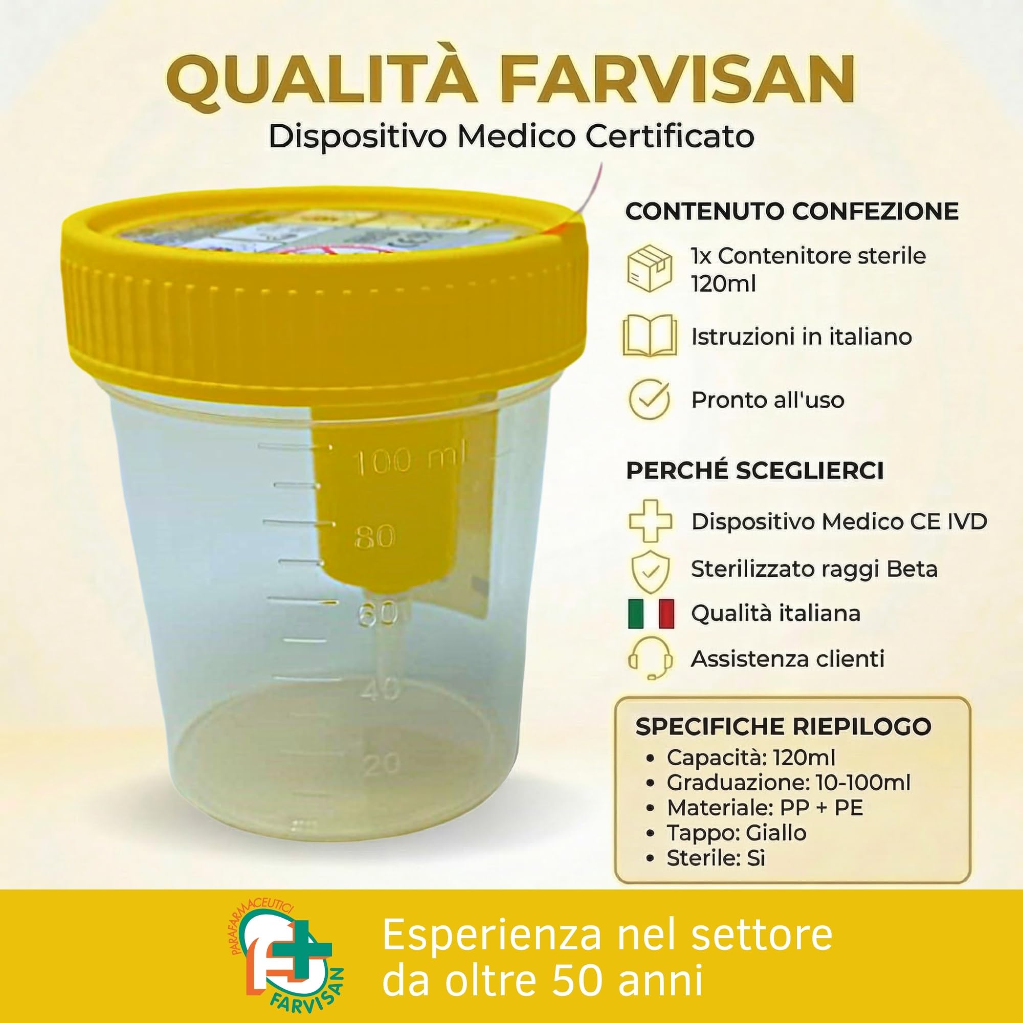 Contenitore Urine per Analisi e Urinocoltura Graduato Dispositivo Medico Farvisan (4 Contenitori Urina)