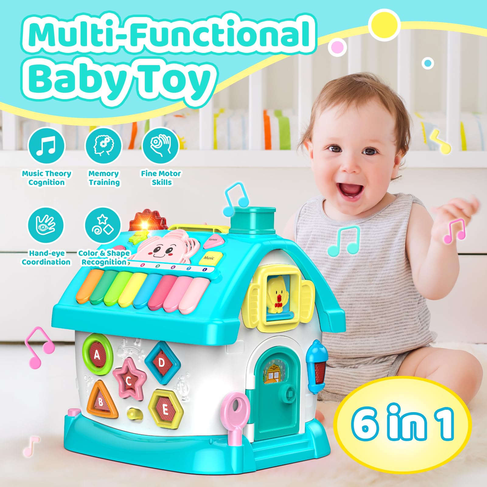 Juguetes para niños de 1 2 años: Montessori juguetes para 1 año de edad, 6 en 1 actividad multifunción casa juguete para bebé con sonido/música/reloj, regalos de cumpleaños para niños de 1 2 años