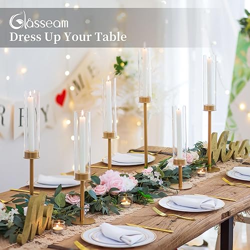 Miniatura 4 de Candelabro dorado con forma de huracán portavelas Glasseam para velas cónicas a granel 12, moderno portavelas con chimenea de vidrio, portavelas de