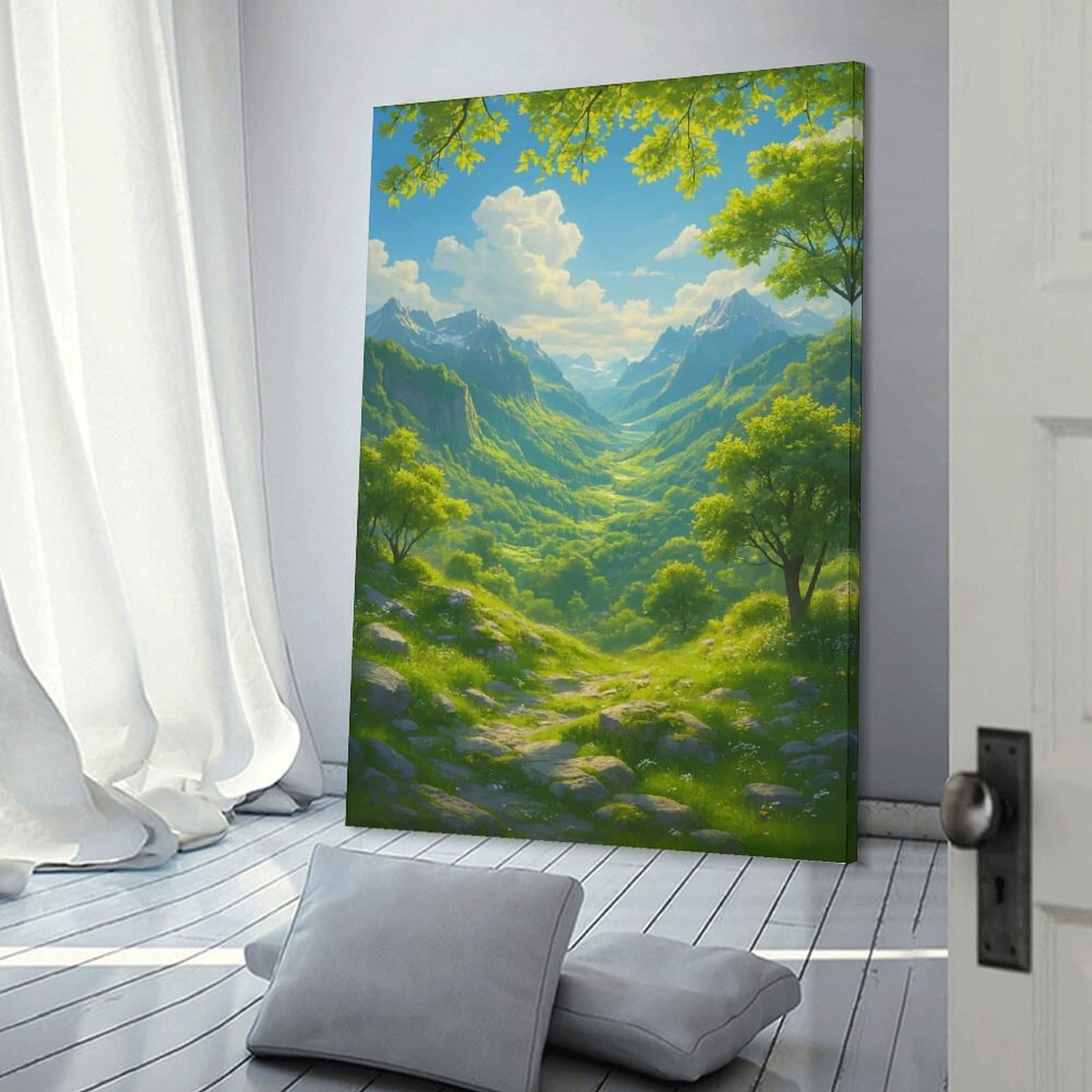 Junmoney Wall Art Print Lush Green Mountain Valley Landscape, 24x36inch(60x90cm), for Bedrooms, Workspaces And Everyday Interiors, Stylish Home Artwork for Focal Walls