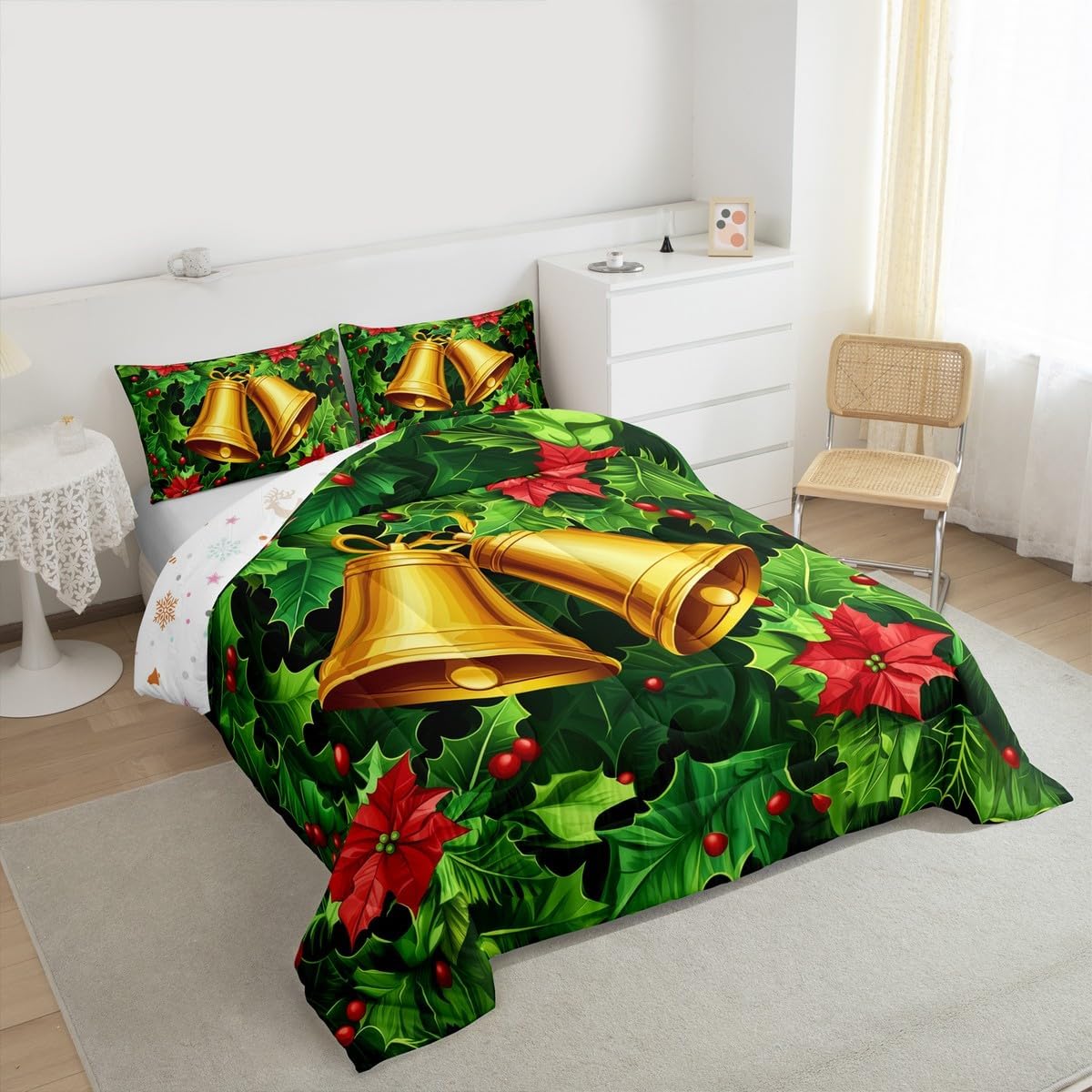 Erosebridal Gold Bell Comforter Set Queen Size Holly Berries Bedding Set for Kids Boys Girls Plants Green Leaves Xmas Comforter Merry Christmas Red Quilt Bedroom Decor