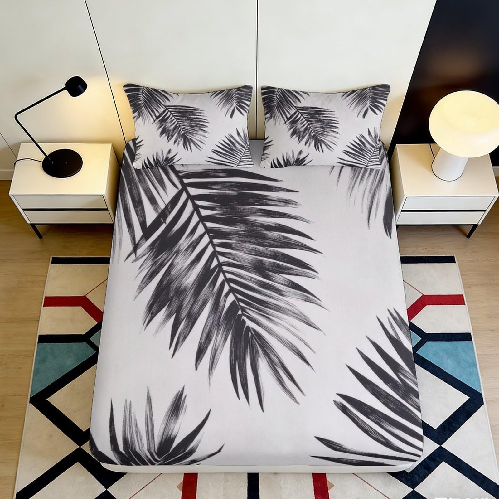 3D Printed Black Palm Leaf Fitted Sheet Microfiber Soft Breathable Tropical Leaf Mattress Cover for Bedroom Dormitory Guest Room Mattress Protection 160x200x25cm