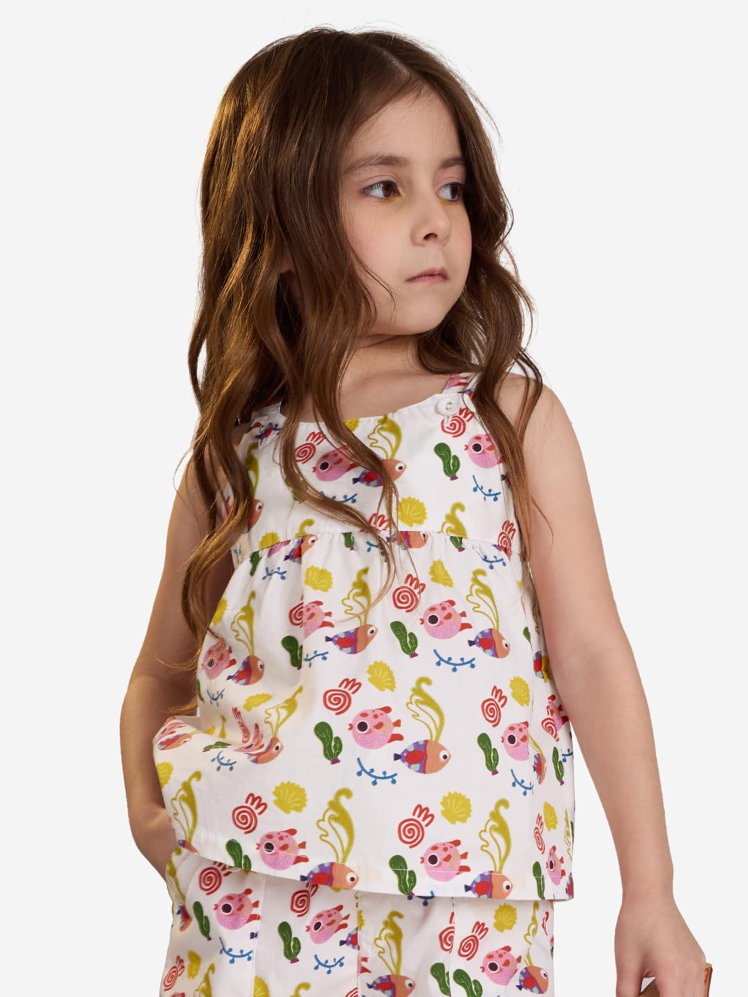The Souled Store Little Fishy Girls - Camiseta de algodón con cuello redondo sin mangas, color blanco