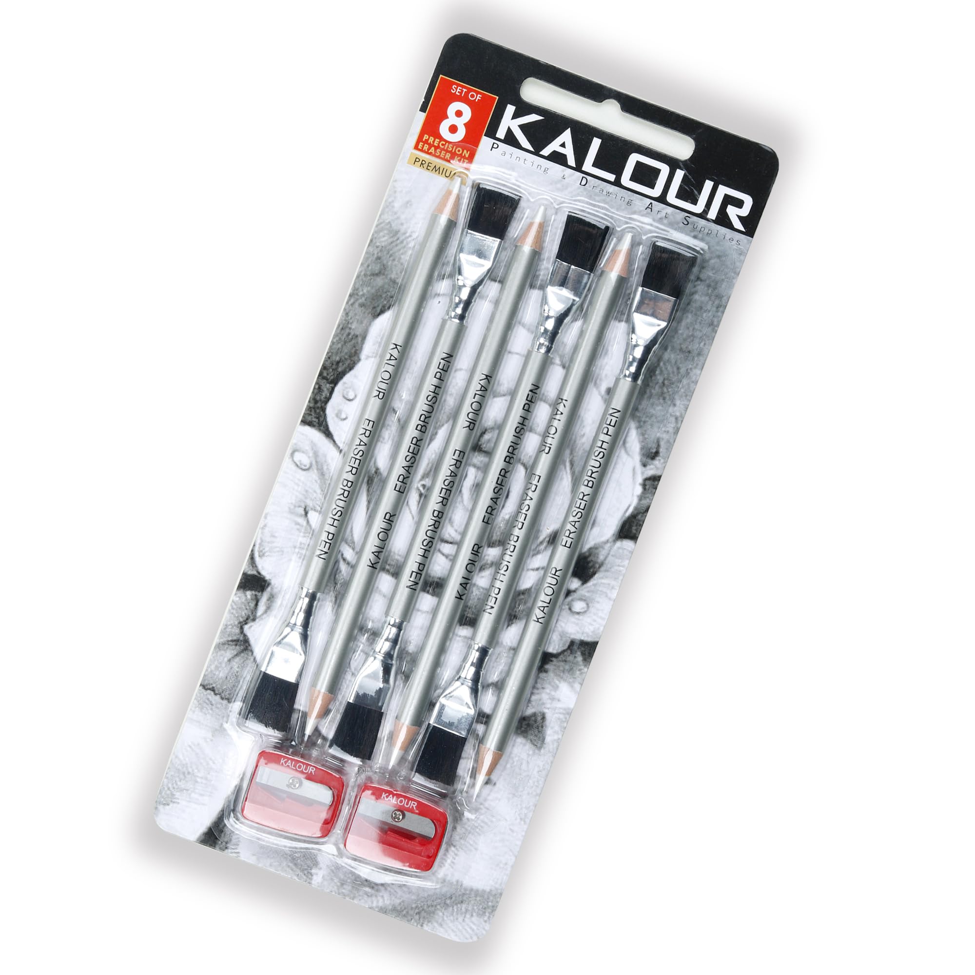 KALOUR Set di matite per cancellare, 6 matite con pennello e 2 temperamatite, cancellare piccoli dettagli o aggiungere punti salienti per schizzi, disegni a carbone