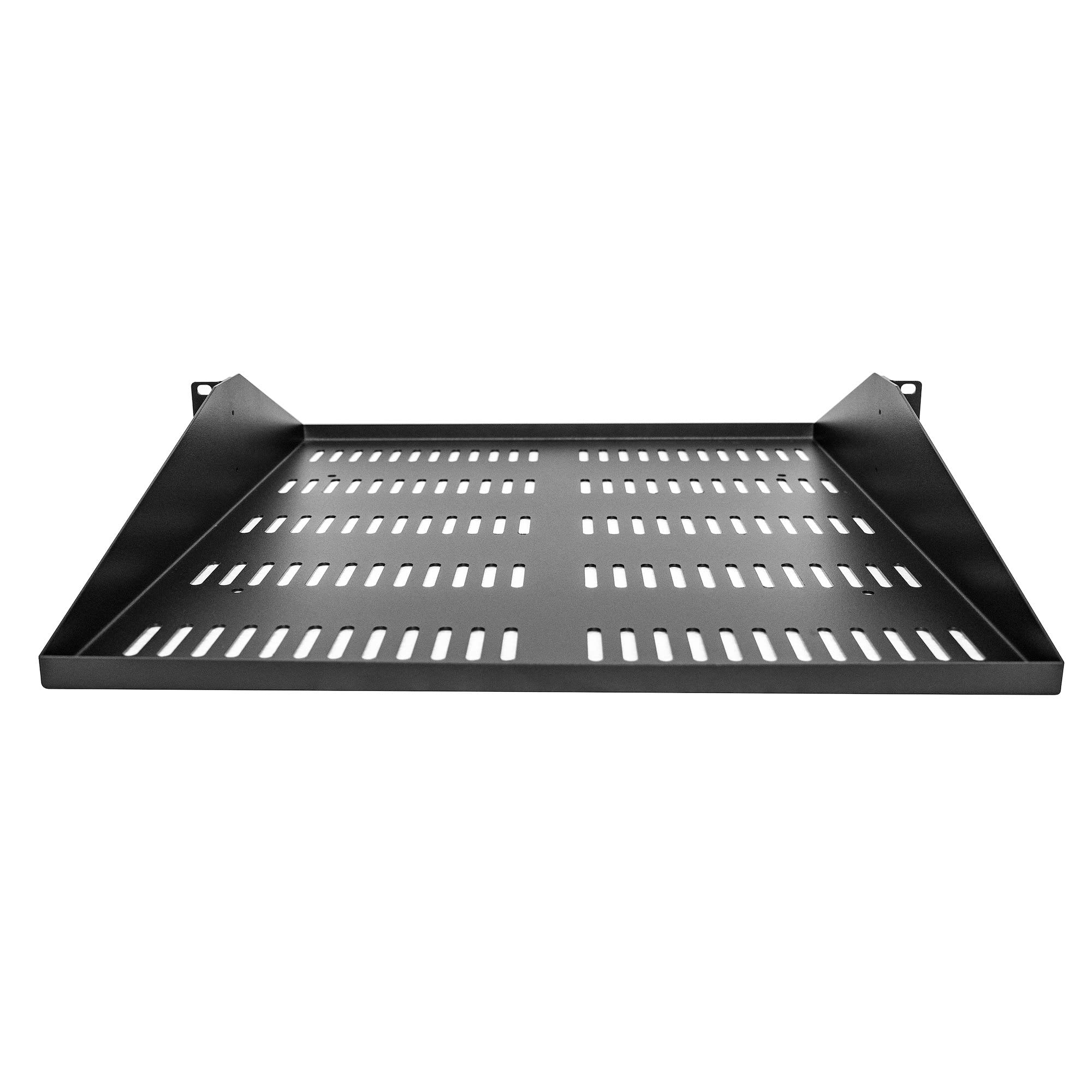 StarTech.com Półka na serwery 2U, montowana na środku, uniwersalna wentylowana taca wspornikowa do stojaka na sprzęt sieciowy 48 cm, stal wytrzymała, pojemność 90 kg, głębokość 50 cm, czarna (SHELF-2U-20-CENTER-V)