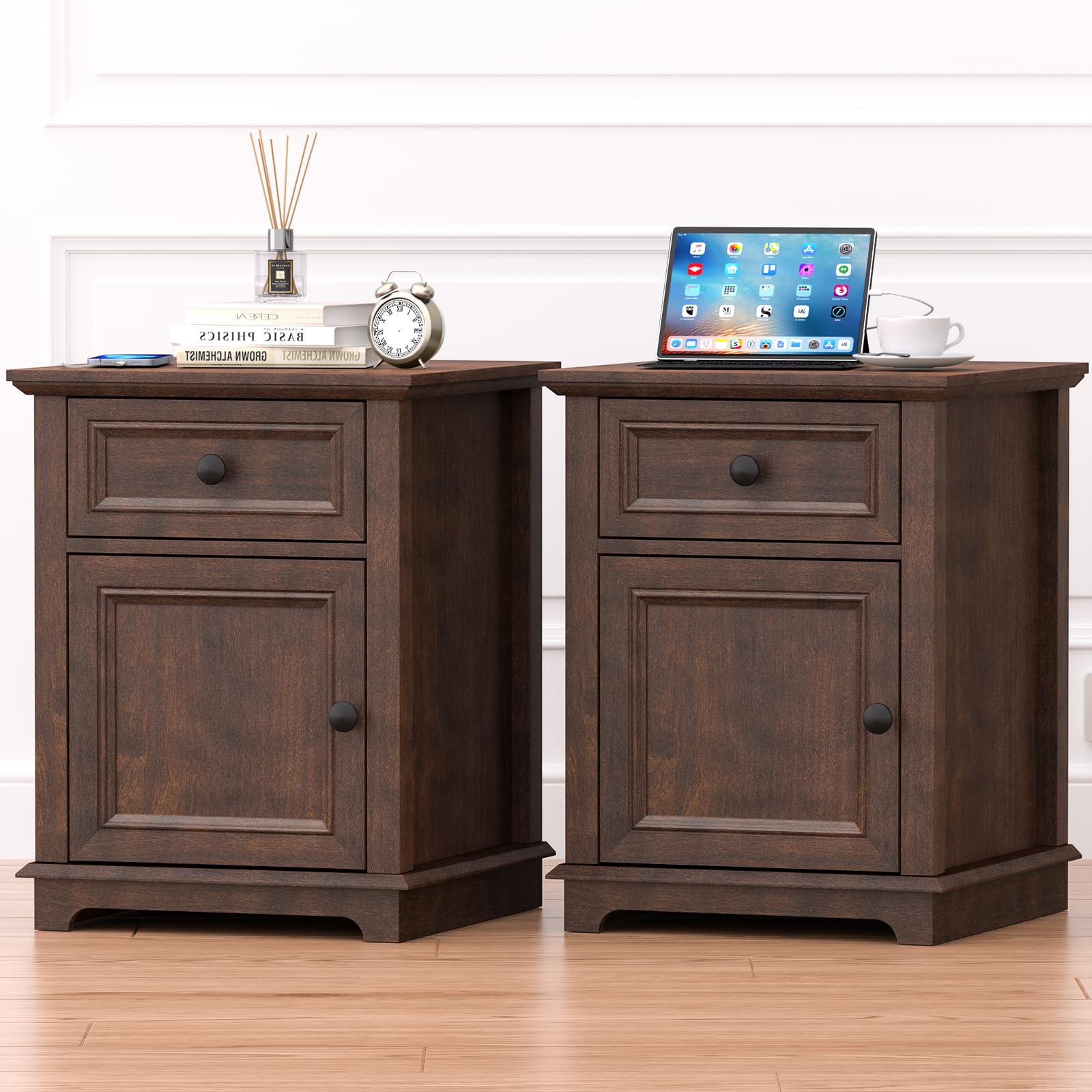 REDAYFUR Nightstands with Fast-Charge Set, 24" Tall End Tables with Drawer, 18" Bedroom Nightstands with Storage, Adjustable Shelf, Cherry