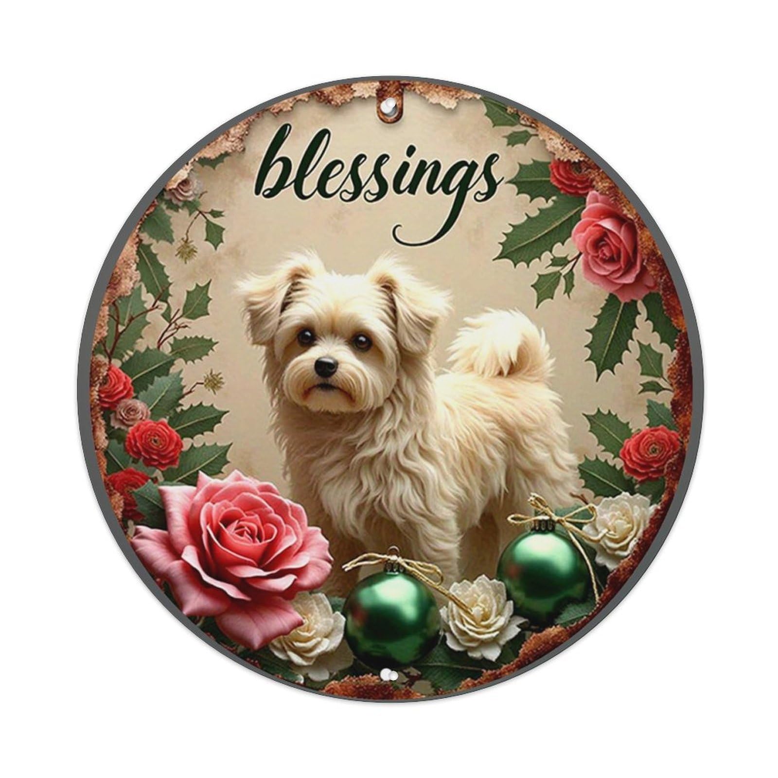 Dog Roses Holly Ornaments Blessings Round Metal Tin Sign Vintage Wall Decor, Bar Garage Cafe Kitchen Home Wall Art Poster 8x8inches