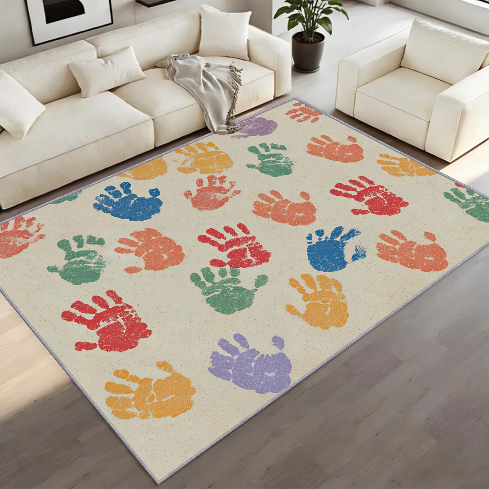 BEQUTIY Playful Nursery Area Rug for Lounge, Creative Colourful Handprint Carpet, Rainbow Multicoloured Rug, Machine Washable & Anti-Slip, for Kids Playroom, Child's Bedroom and Nursery 160 x 200 cm