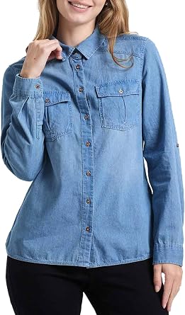 FASHIONSPARK Womens Denim Shirt Button Down Long Sleeve Tops Basic Jean Casual Shirts with Pockets