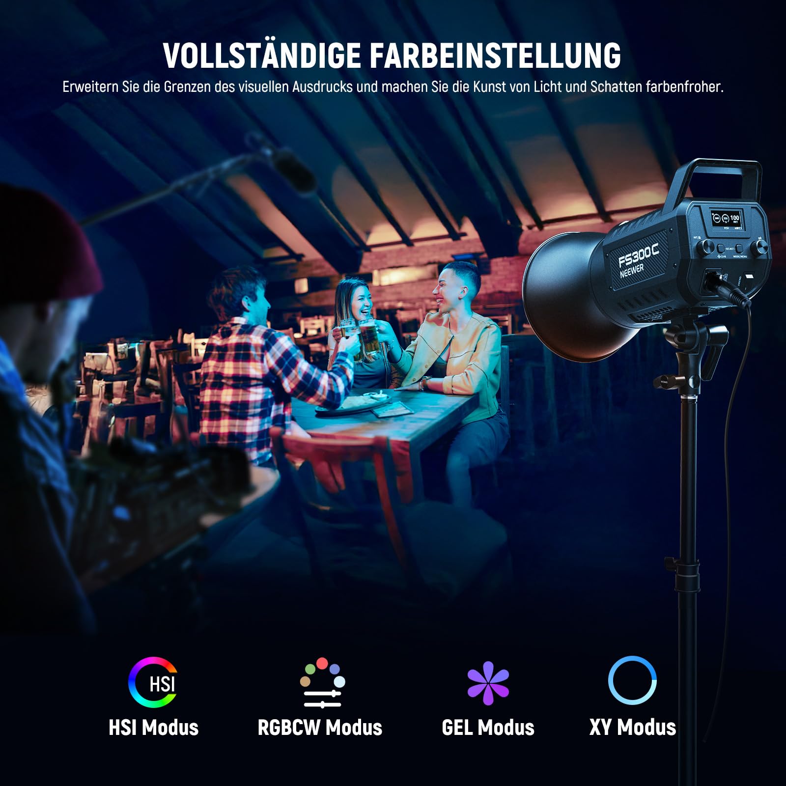 NEEWER 300W RGB LED Videolicht mit APP/2.4G Steuerung, 17 Effekte, 2500K-7500K 29000lux/1m COB Dauerlicht, CRI95+/TLCI97+ Bowens Mount für Studiofotografie und Videoaufnahmen, FS300C