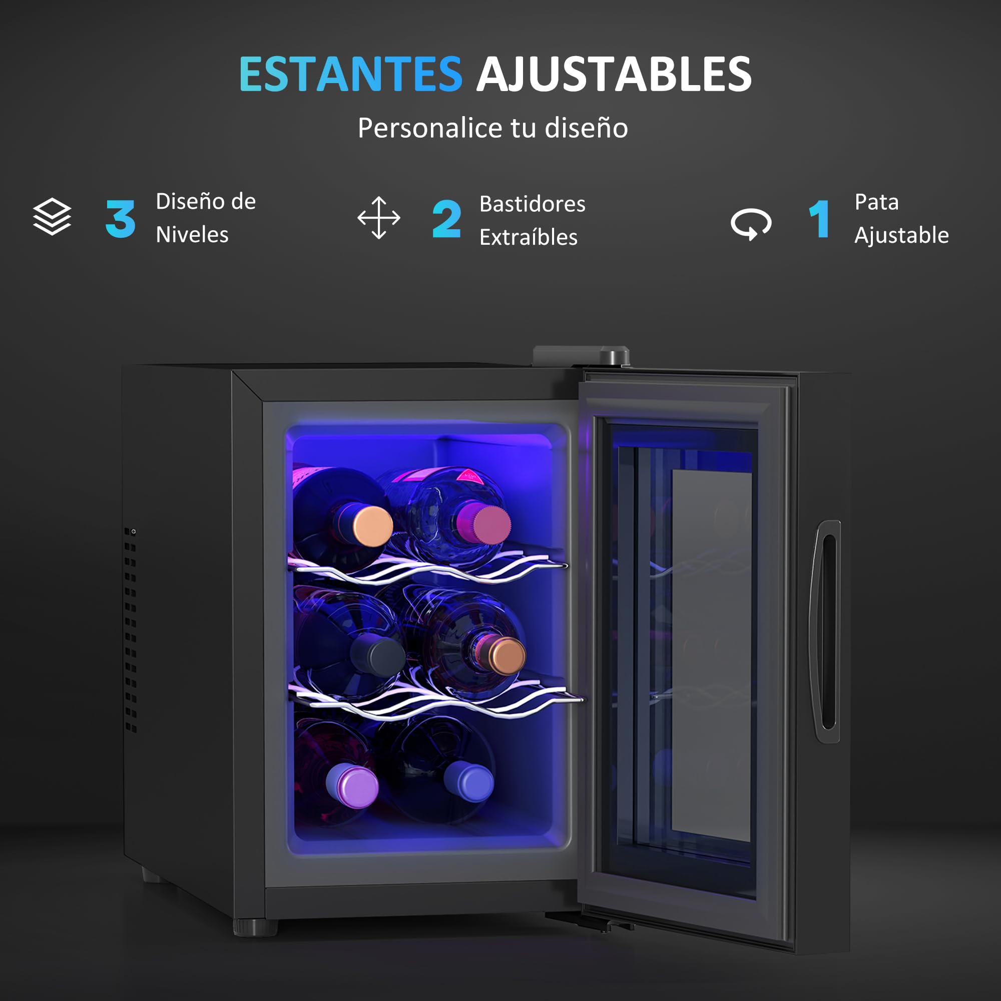 HOMCOM Vinoteca 6 Botellas, Nevera para Vinos con Doble Refrigeración Termoeléctrica, Temperatura Ajustable 8-18℃, Puerta de Vidrio, Anti-UV, Pantalla LED, Luz Interior, Negro