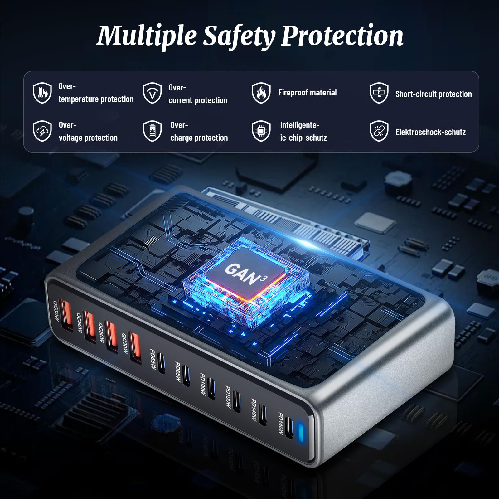 PD140w GaN 3 - Caricatore USB C da 730 W, 10 porte, con 6 porte USB C + 4 porte USB A, per MacBook Air, iPad, iPhone 17/16/15/14, Galaxy S25