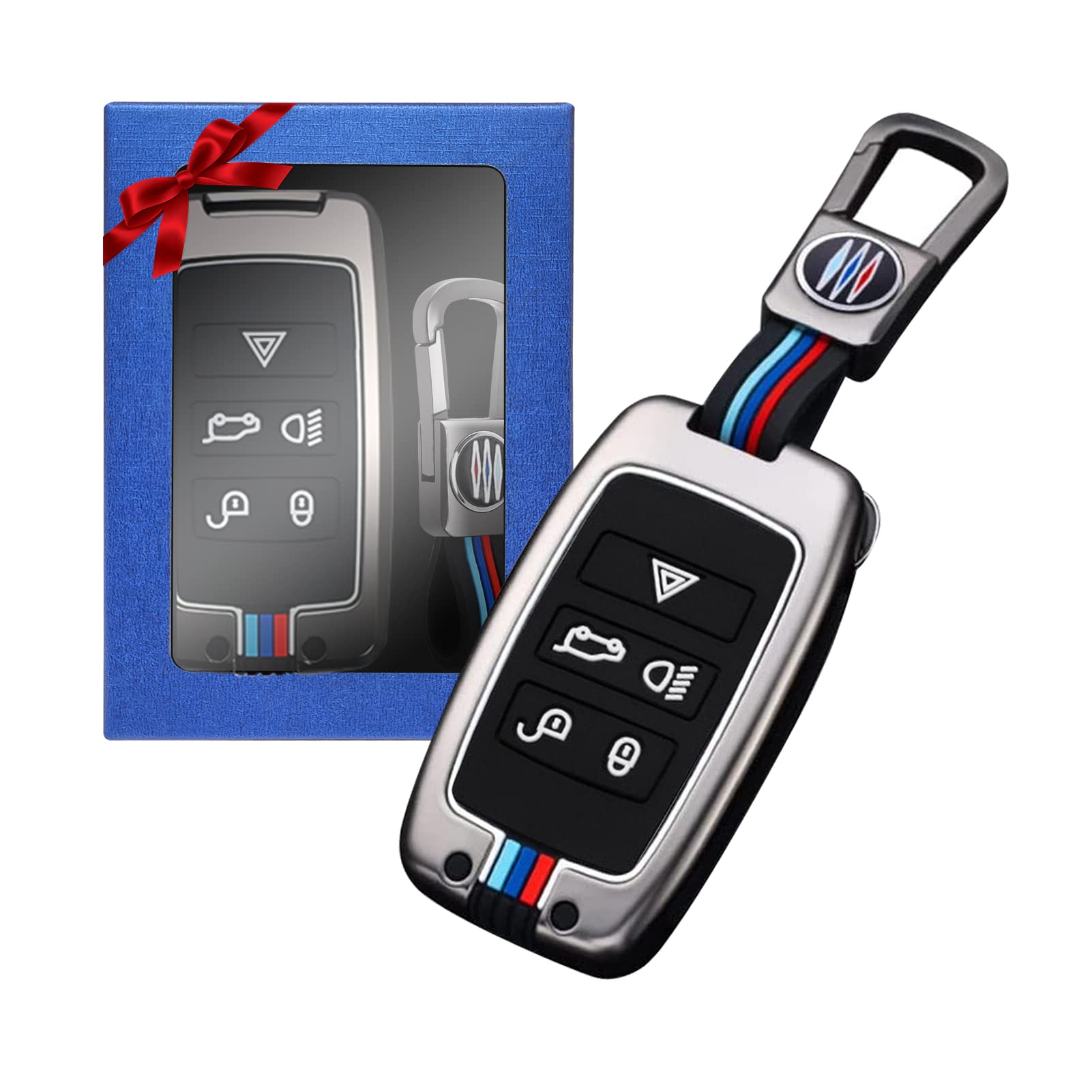 Yumzeco Key Cover Keychain Zinc Alloy 5-Button Key Fob Keyless Compatible with Land Rover Range Rover Discovery Sport Remote Key Case Compatible with Jaguar E-PACE I-PACE Key Protector Shell Grey