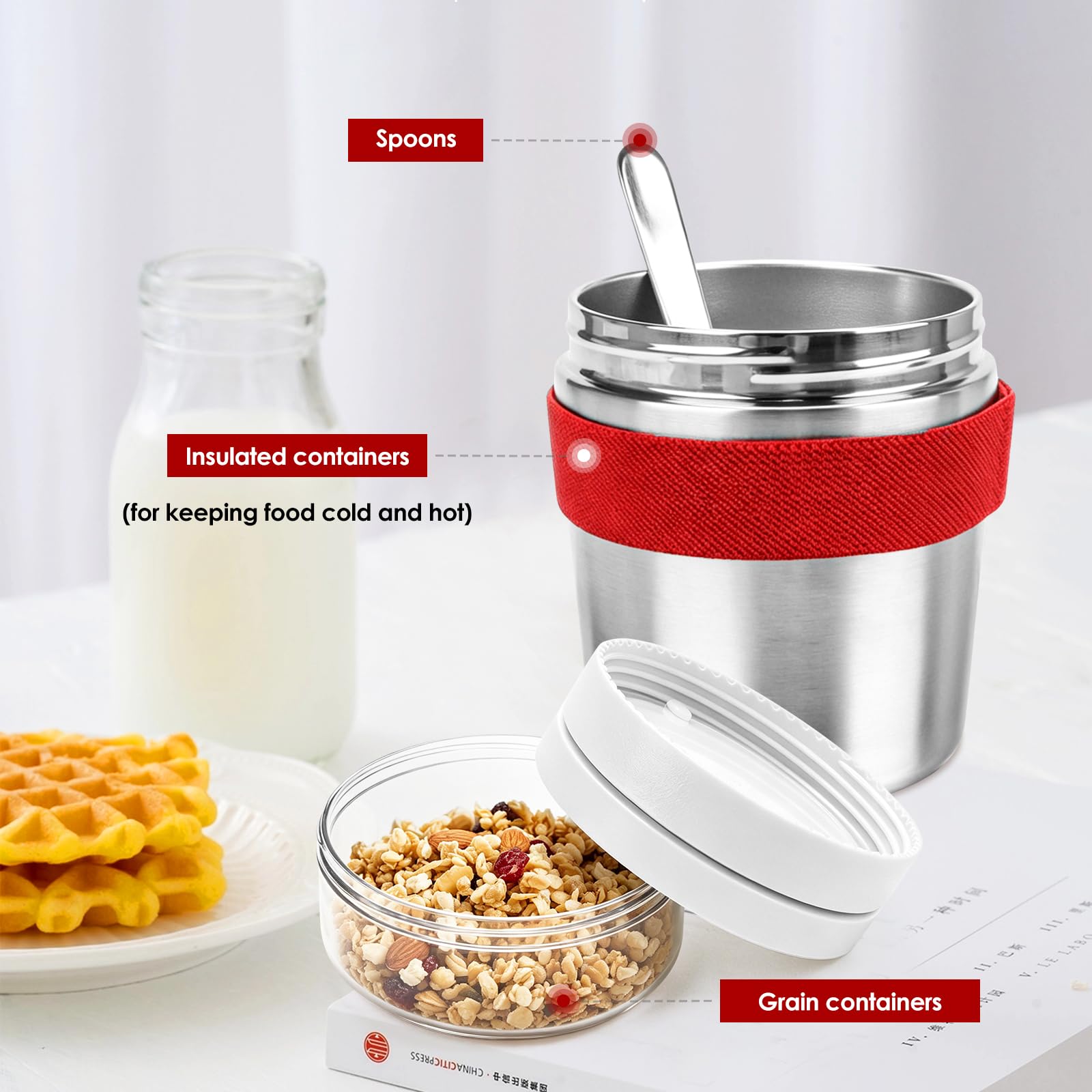 MplehDa Edelstahl Müslibecher to go 500 ml + 220 ml Joghurt und Müsli to go Becher Jogurtbecher für Unterwegs mit Löffel Auslaufsicher Isoliert