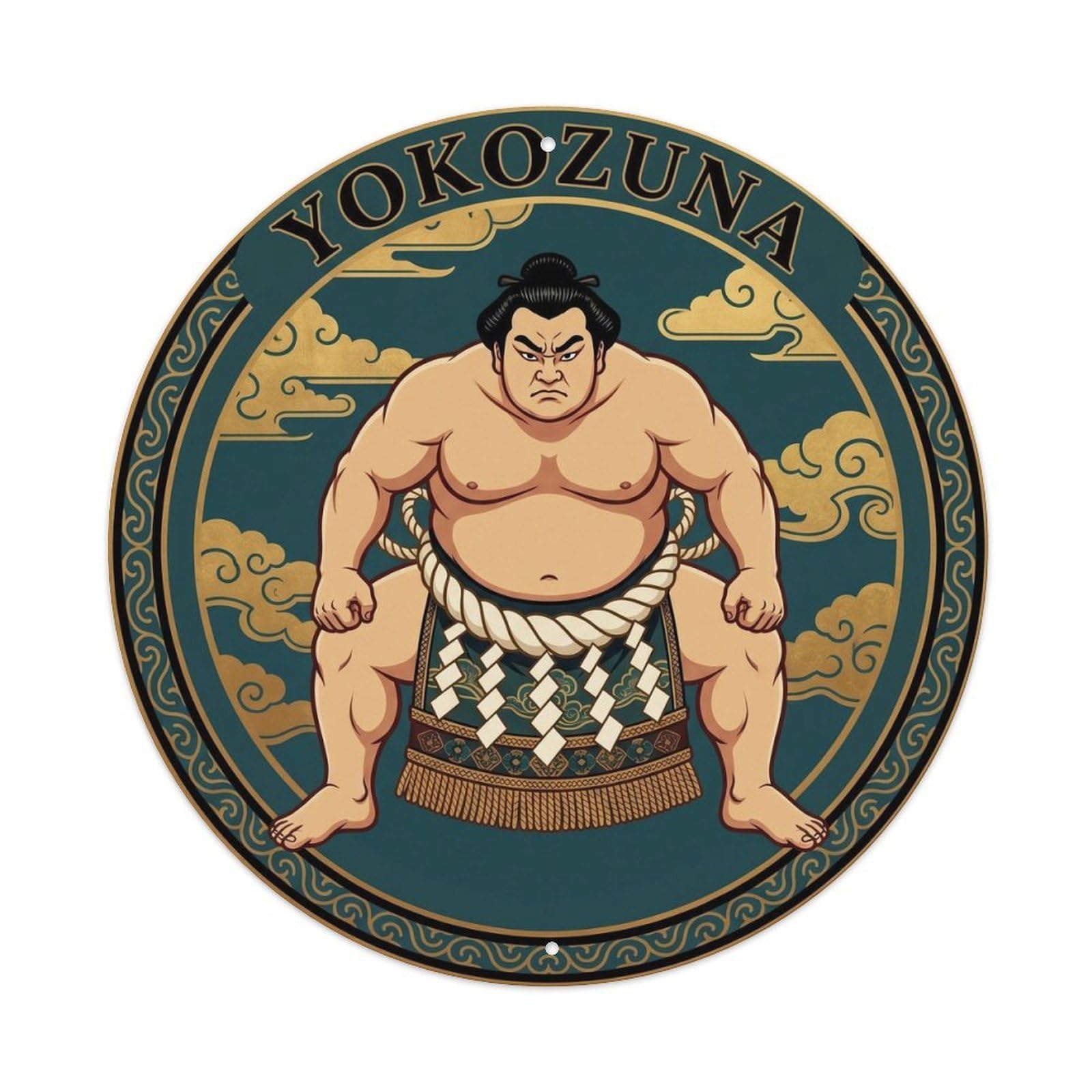 Olyhtr 8X8inch Classic Style Sumo Wrestler Portrait Fierce Rinpa Teal Gold Metal Tin Sign