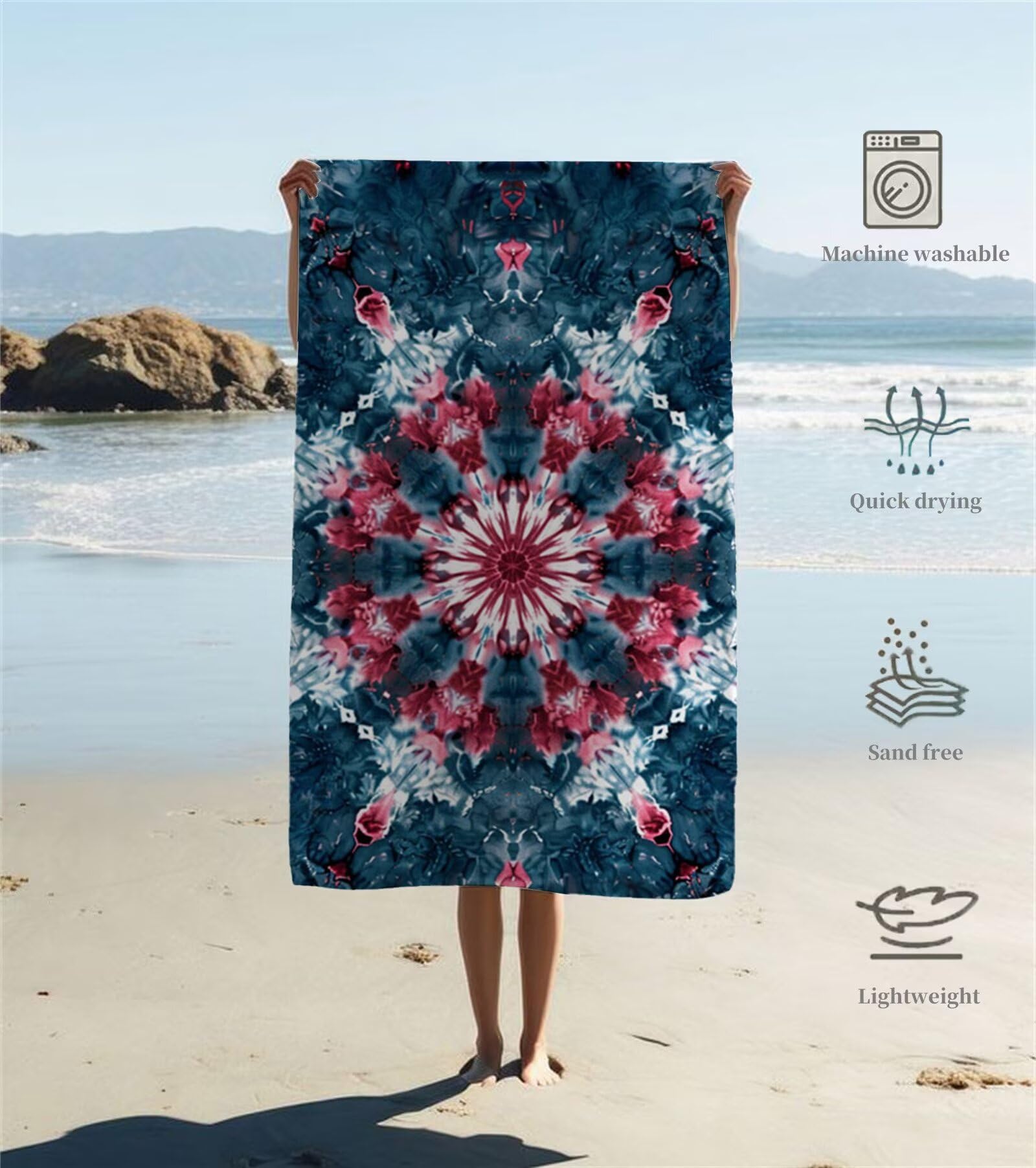 Ręcznik plażowy z mikrofibry 220 x 100 cm duży ręcznik kąpielowy Mandala ciemnozielony mata plażowa anty piasek, ręczniki sportowe, szybkoschnące, kompaktowe i lekkie, do sportu, podróży, sauny