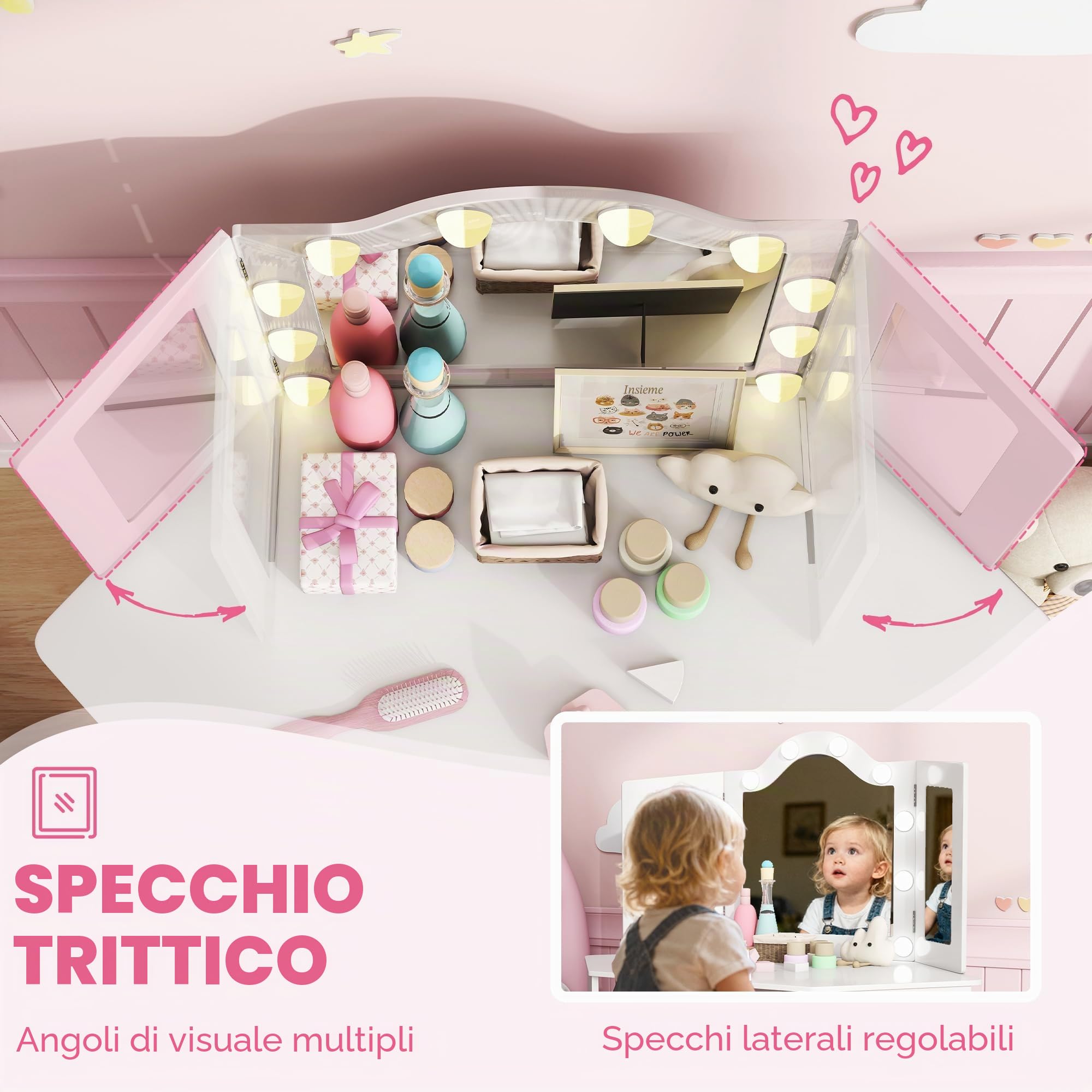 AIYAPLAY Tavolino da toilette per bambini 2 in 1 con sgabello, scrivania per bambine con specchio trittico e luci LED bicolore, tasca laterale portaoggetti, tavolo da trucco per bambini dai 3 agli 8