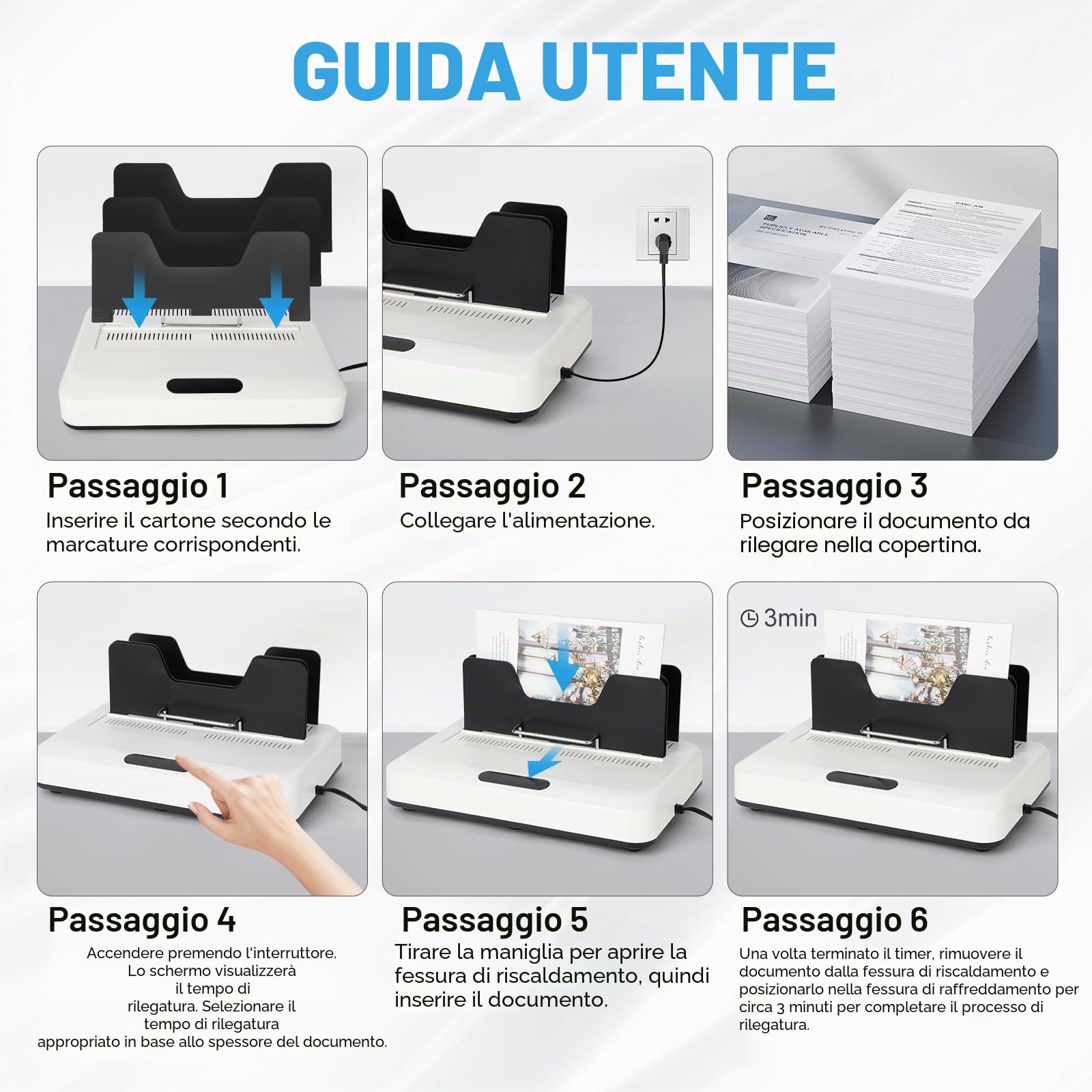 Rilegatrice termica, capacità 500 fogli, nessun tempo di preriscaldamento, pannello touch digitale con raffreddamento ad aria, raccoglitore elettrico per documenti aziendali formato A4/A5, progetti