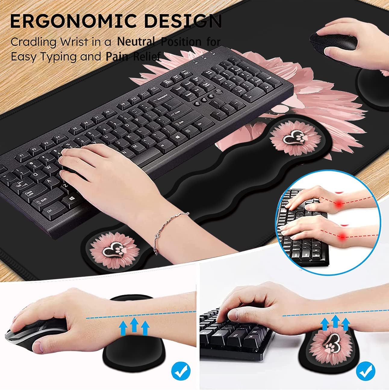 JVGFYNKL Memory Foam Keyboard Wrist Rest Support + Large Gaming Mouse Pad + Mouse Wrist Support Set, Extended Desk Pad with Stitched Edges 31.5''×11.8'', Cute Dog paw, Pink Flowers Black Desk Mat