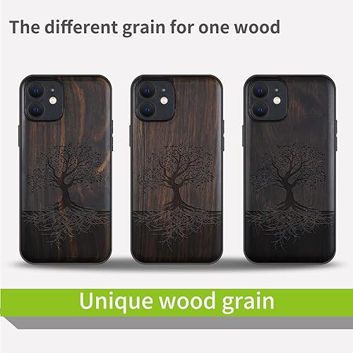Miniatura 7 de Carveit Funda magnética de madera para iPhone 12 madera real dura y TPU suave negro a prueba de golpes, funda de madera única y elegante compatible