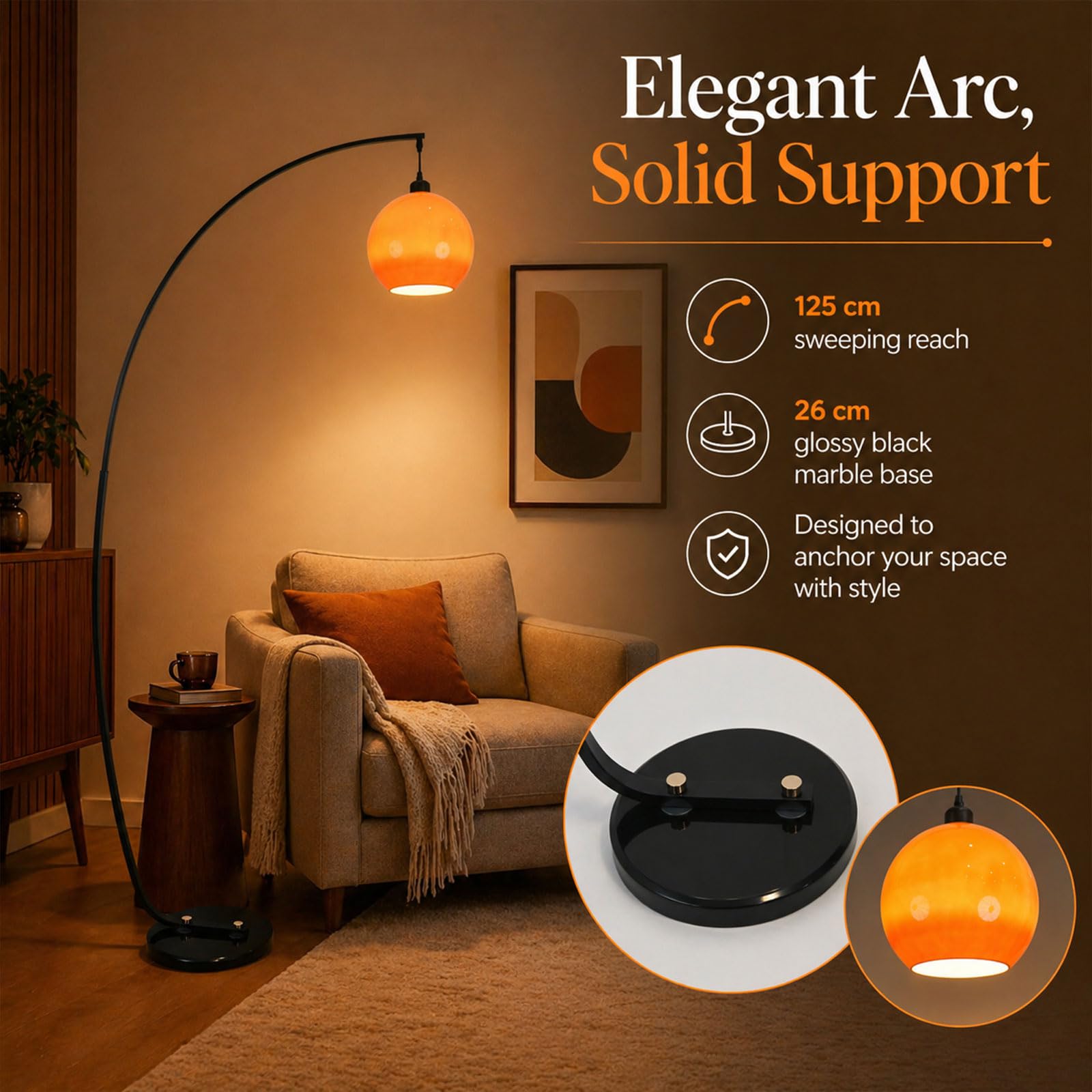 Lampada Da Terra Ad Arco Da 180 CM, Stile Mid-Century Modern, Arancione, Con Globo In Vetro, Attacco E27, 3 Temperature Di Colore, Base In Marmo, Lampada Alta Per Soggiorno E Camera Da Letto