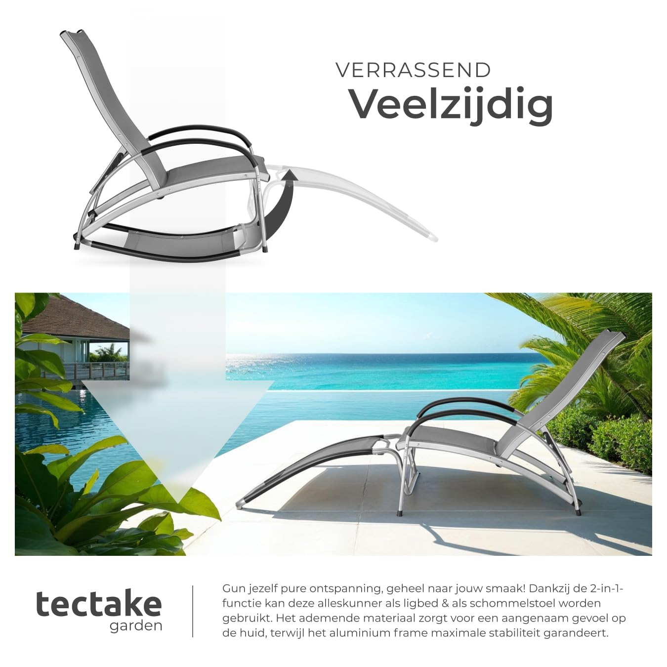 tectake® 2-in-1 Tuinstoel, Ligstoel, Ligbed voor buiten, Inklapbaar