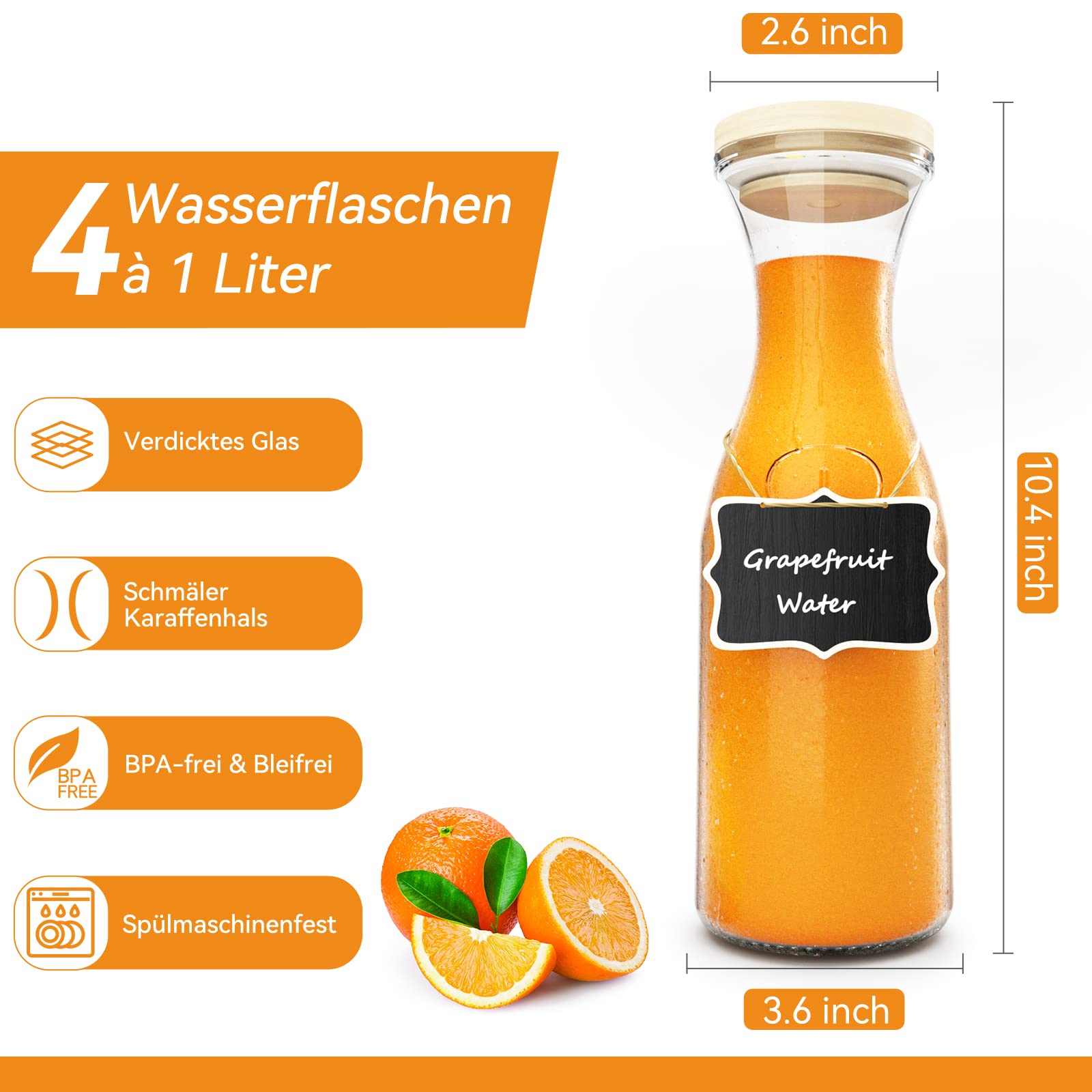 FINEW Set di 4 caraffe in vetro da 1 litro, con coperchio, brocca d'acqua più spessa e più forte, brocca in vetro per bevande, bottiglia di vetro, caraffa, set con 4 etichette da tavola in legno