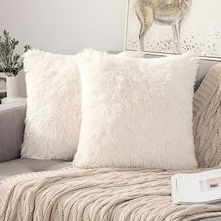ANRODUO Pack of 2 Beige Throw Pillows Luxury Fluffy Pillows Faux Fur Decorative Pillows Plush Cushion Case Fuzzy Mongolian Merin Style for Bed Couch Sofa and Living Room Spring Home Decor 18x18 Inch