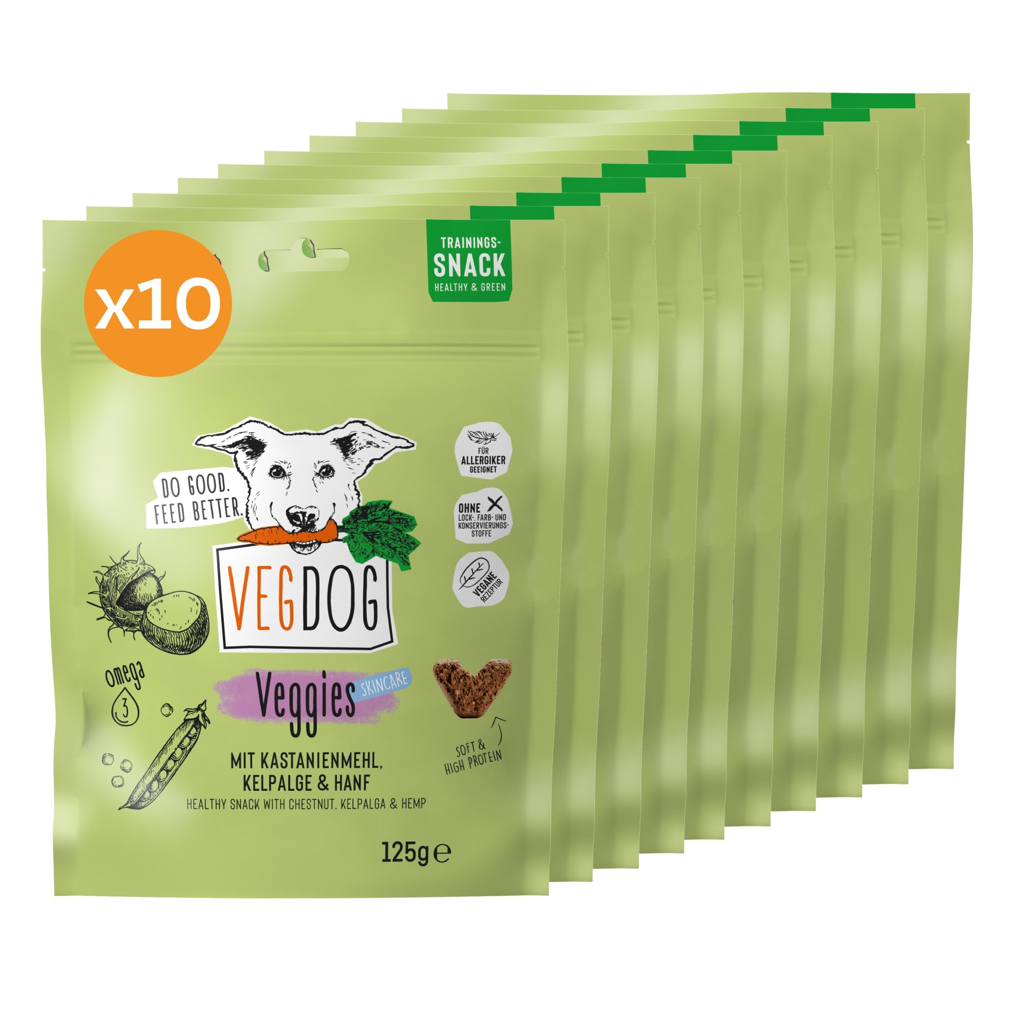 VEGDOG Veggies Skincare Hypoallergener Hundesnack, Trainingssnack, 10x125g