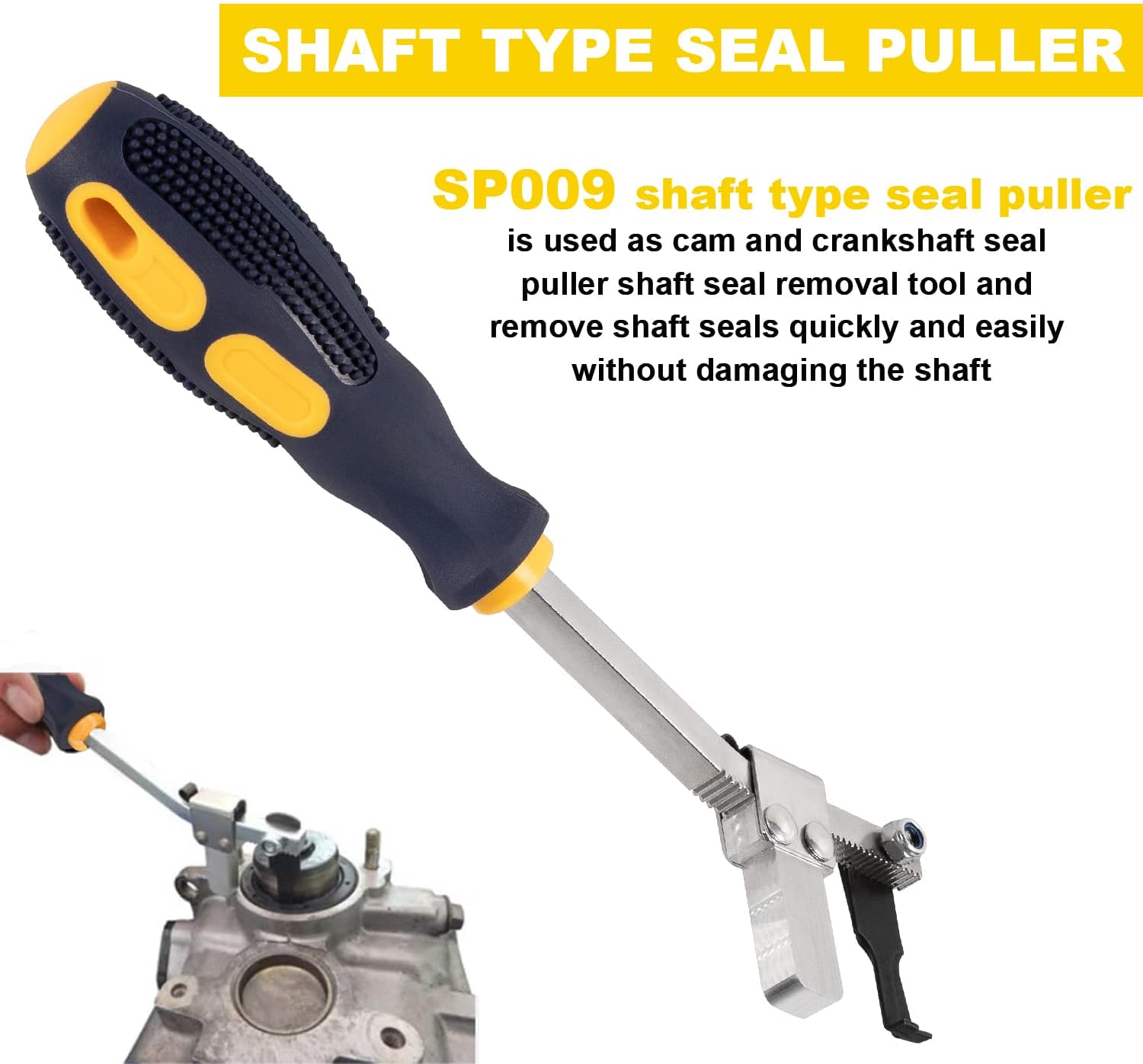 The SP009 shaft type seal puller in action, demonstrating its use for removing a seal from an engine component.