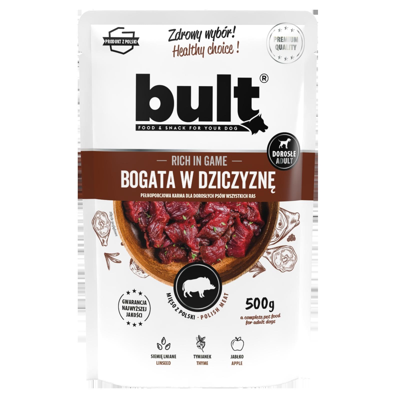 BULT Mokra Karma dla Psa Mix Smaków Dorsz Dziczyzna Indyk Jagnięcina Kaczka Wołowina 500 g dla Dorosłych Mielonka z Olejem z Łososia i Tymiankiem 30 Saszetek