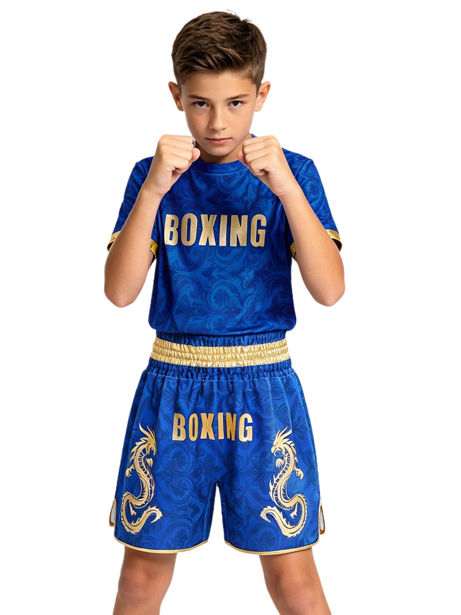 MSemis Bambini Maglietta Boxe Bambino Pugilato Costume Pugile Sportswear Blu 9-10 anni