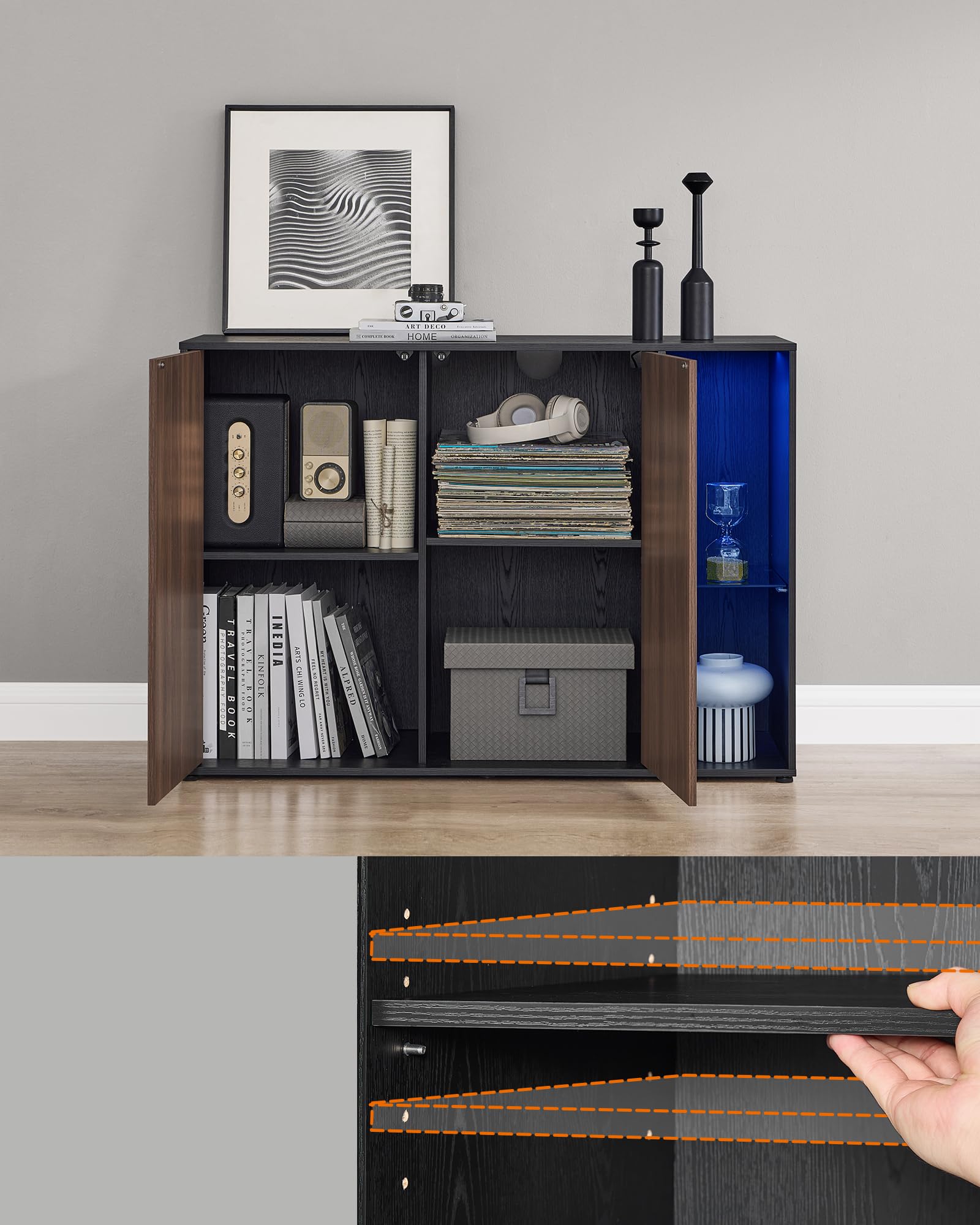 SONGMICS HOME Meuble de Rangement Salon, Assemblage Ultra-Rapide sans Outils Toolless, Buffet avec Éclairage et Étagère en Verre, Placard, Minimaliste, Noyer Naturel et Noir Boisé BBK372B01