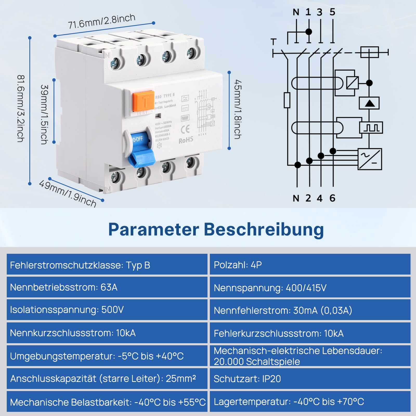 FI Schutzschalter,FI Typ B 40A/63A 4 Polig 30mA Allstromsensitiv RCD für Wallbox Ladestation Photovoltaik Wechselrichter DIN Hutschiene mit DC Fehlerschutz EN61008 (63A)