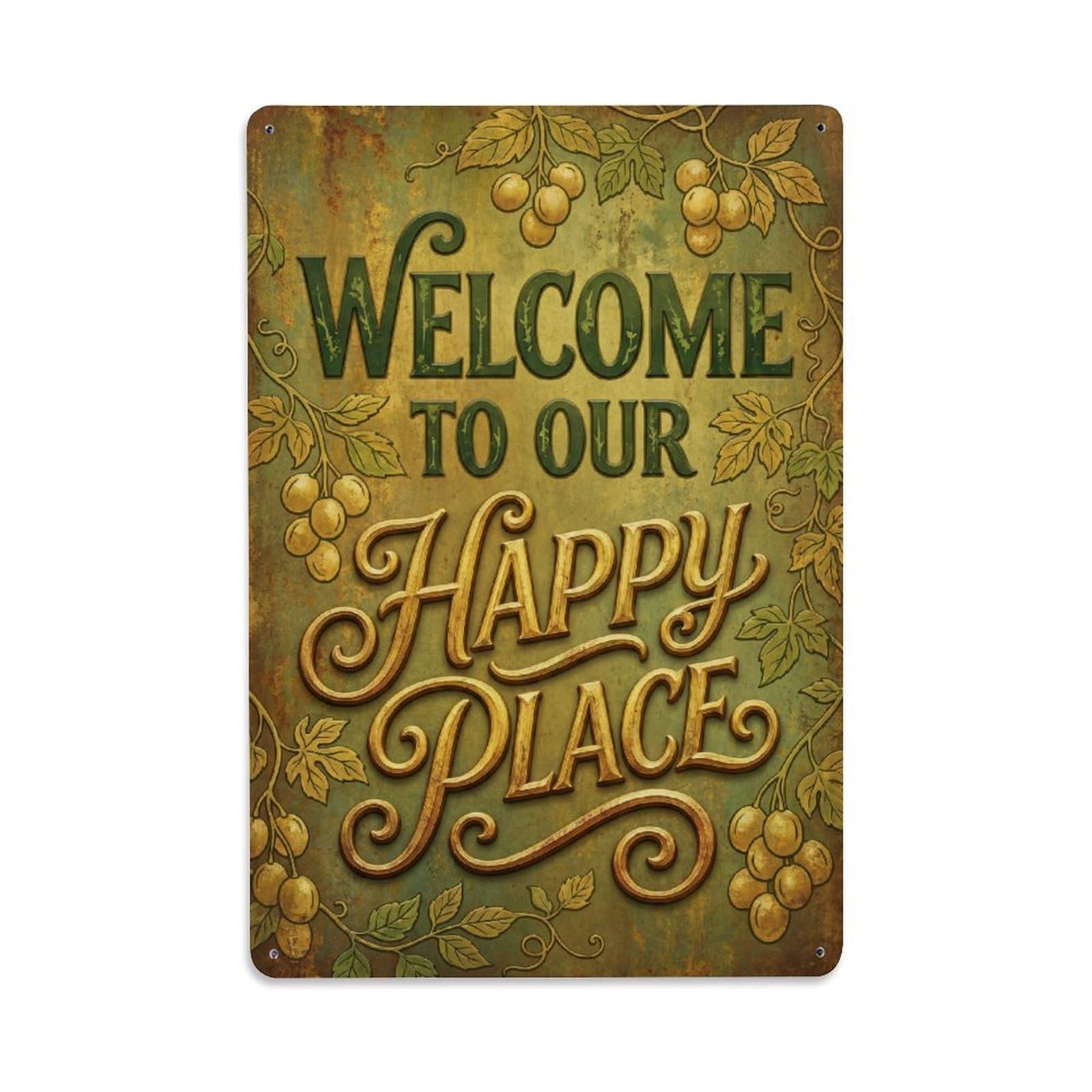 Welcome To Our Happy Place Wampee Garden Metal Tin Sign Plaque Wall Decor for Cafe, Club Bar, Office, Home Garden Metal Poster 8x12Inch