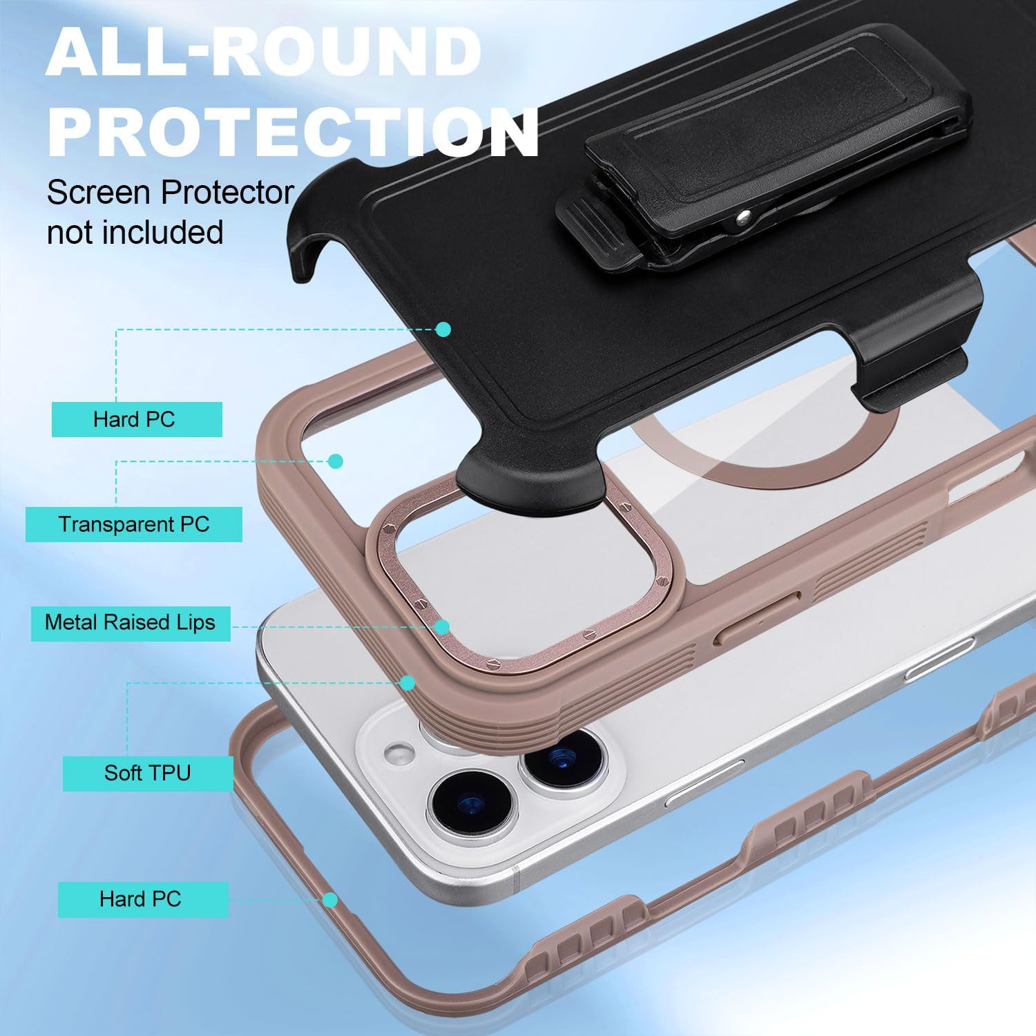 Holster for Clear iPhone 16 Pro Max Belt Clip Case, Compatible with MagSafe, Anti-Yellowing, Rugged Phone Case Heavy Duty Phone Cover for Phone 16 Pro Max Phone Case (Clear & Desert Titanium) - Image 5