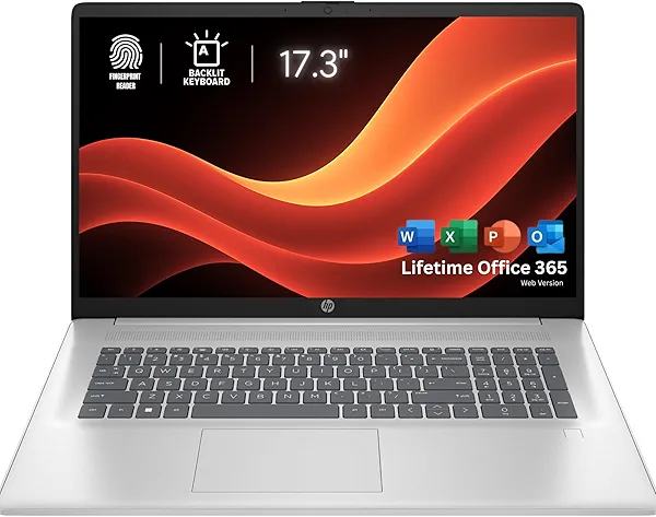 HP 17.3 Backlit Keyboard Laptop with Fingerprint Reader | Lifetime Office 365 for The Web | Intel 10 Cores i5-1334U, Iris Xe Graphics | 16GB RAM, 1TB SSD | Windows 11 Pro w/o Mouse