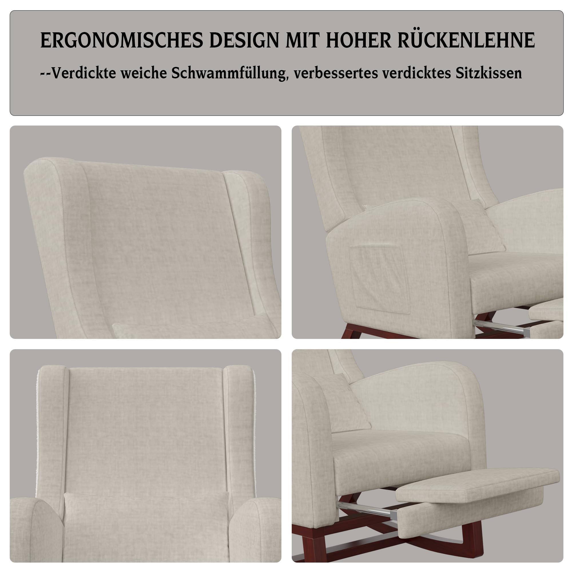 Generisch Sedia a dondolo con poggiapiedi estraibile, poltrona relax con schienale alto e cuscino lombare, poltrona con tasche laterali. Poltrona da lettura per soggiorno/camera da letto (lino, beige)