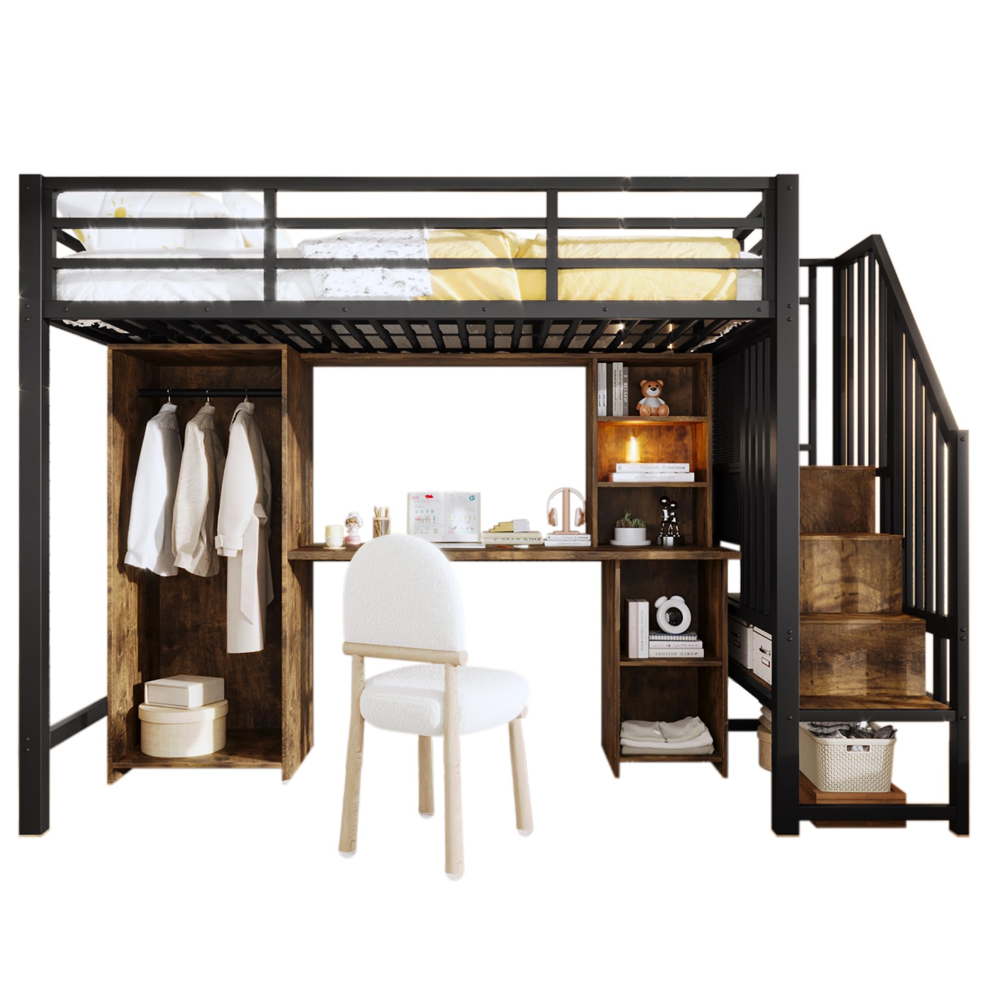 Azkoeesy Letto a Soppalco Cameretta con Scrivania, Armadio, Scala Salvaspazio di Sicurezza con Mensole Integrate, Libreria a 4 ripiani, Singolo in Metallo, per Adolescenti e Adulti, 90 x 200 cm, Nero