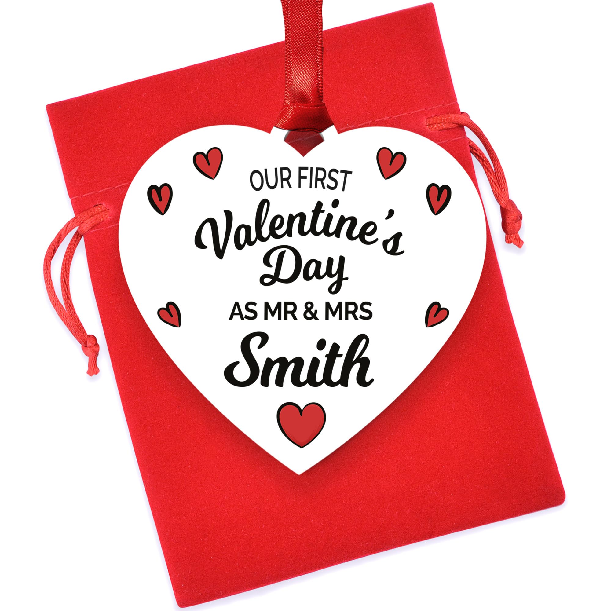 Personalised Our First Valentines Day Married Keepsake - 1st Valentines Day Gifts for Husband Wife Him Her - Wife to Husband First Married Valentines Day Gift - White Hanging Heart With Red Bag