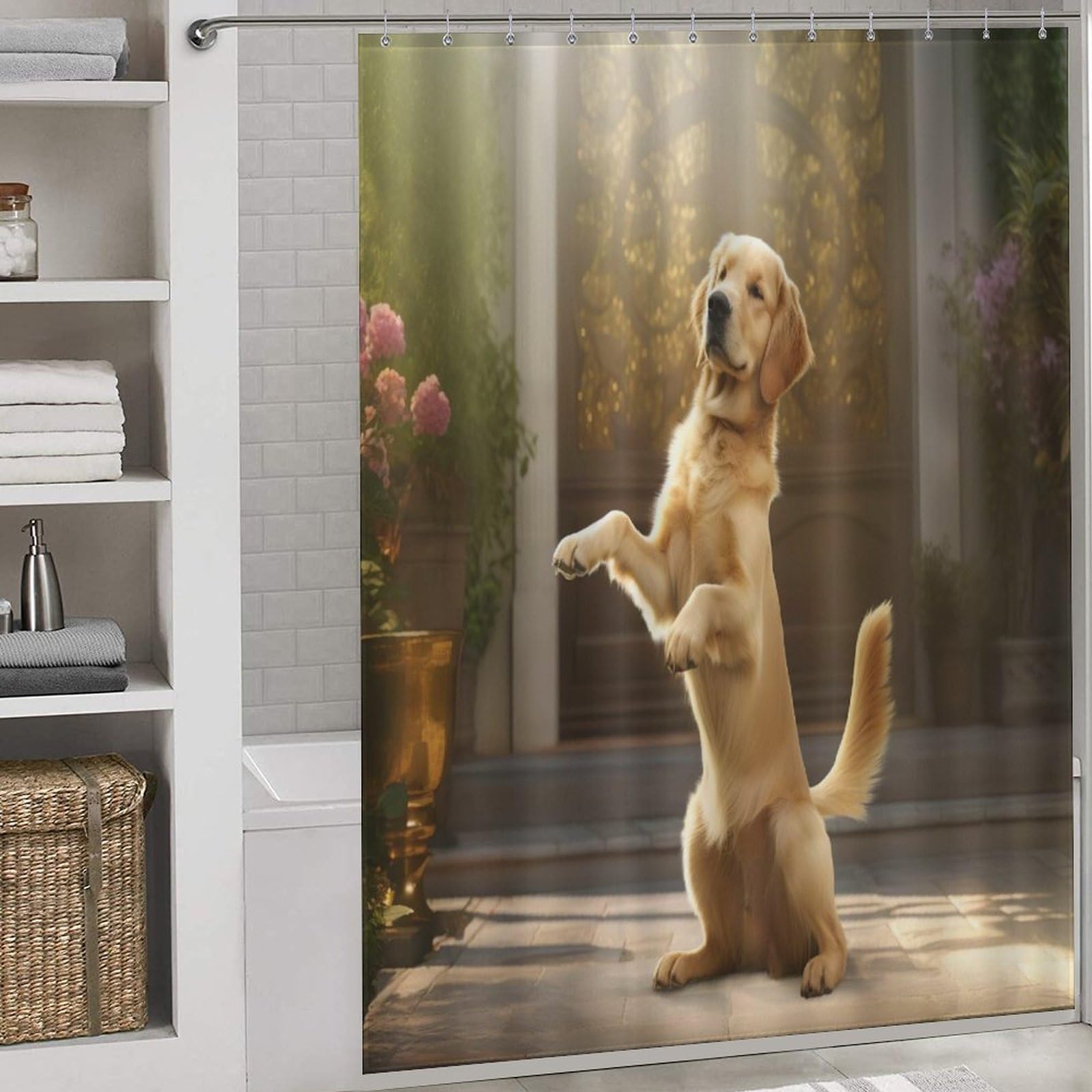 Rideau de douche chien en tissu polyester étanche 168x183 cm contre les projections sur le sol