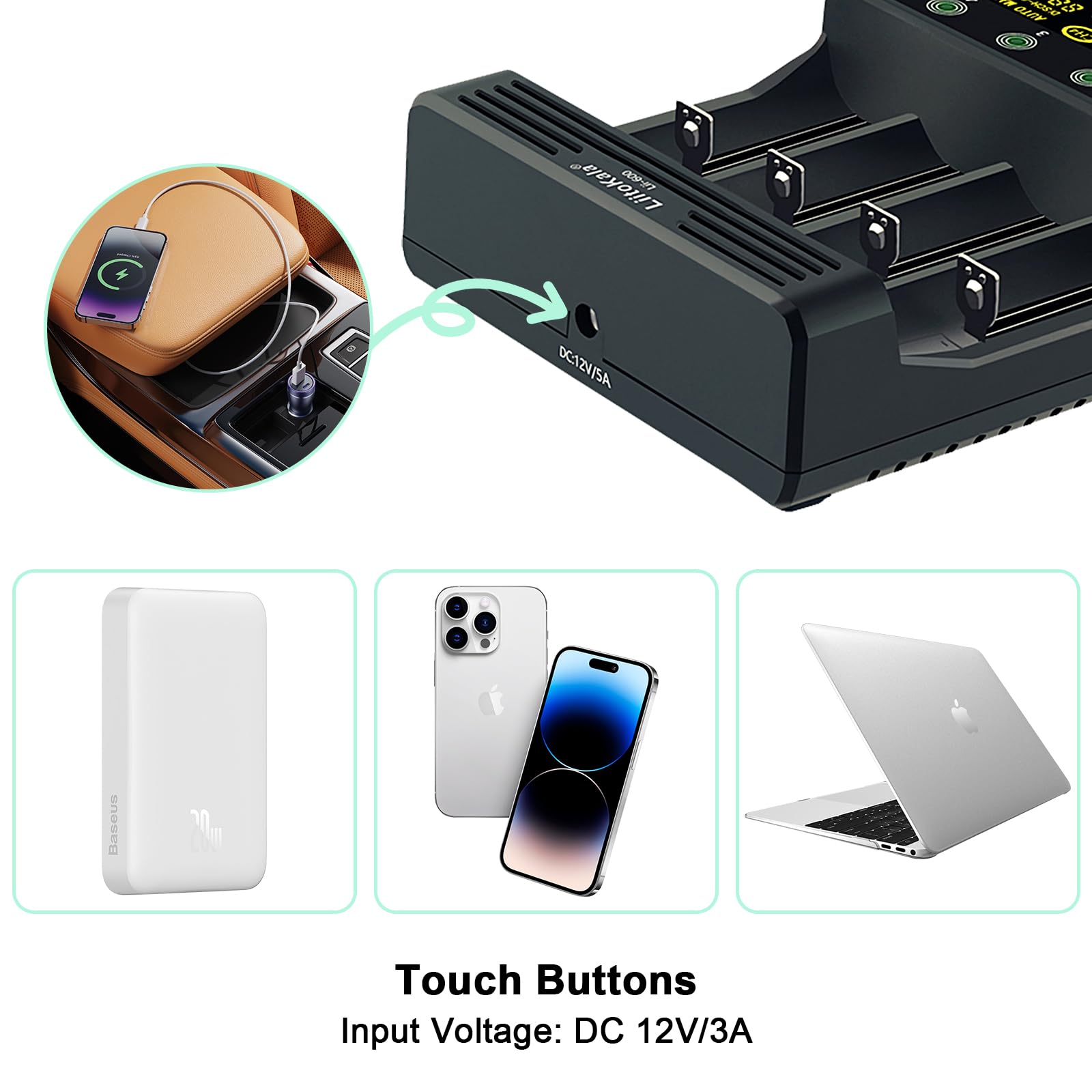 LiitoKala Lii-600 ładowarka z ekranem dotykowym LCD USB 5 V mobilne wyjście do 14550 18490 18650 26650 Li-lion (3.7 V), AA AAA SC Ni-MH Li-ion (1.2V), 12V5A, 4 Bay