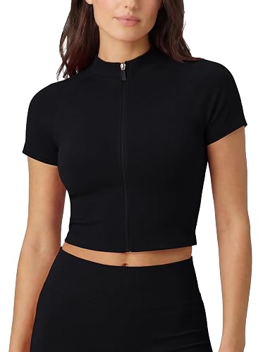 AUROLA Workout Tops for Women, Short Sleeve Gym Shirts Seamless Slim Fit Zip Up Yoga Jacket Crop Top - Small - Black