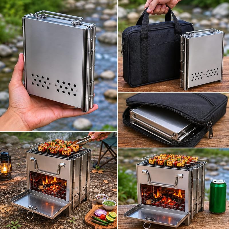 Image of GION Folding Wood Stove Portable Stainless Steel Camping Stove Easy to Carry Compact Design with Carry Bag for Backpacking Hiking Cooking (Small - 24 * 15 * 21cm)