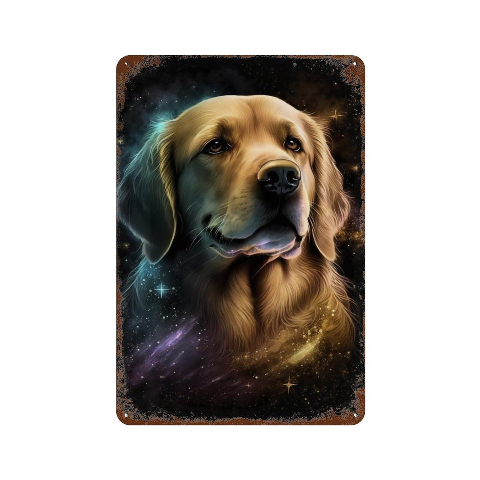 Golden Retriever Galaxy Art Print-4 Aged Metal Wall Plaque 11.8"x7.9", for Pub, Kitchen And Man Cave Decor, Decorative Metal Wall Art