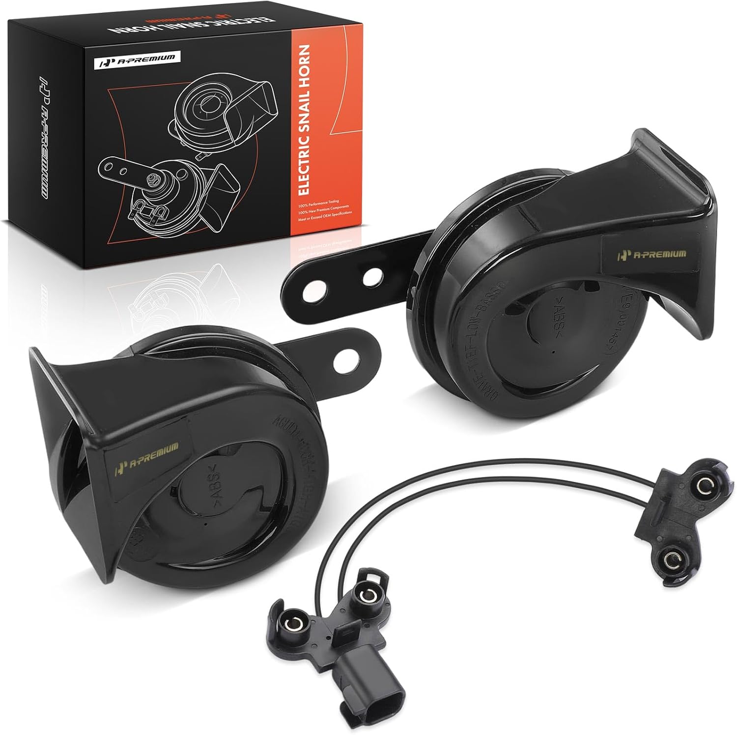 A-Premium 2-Pack Snail Horn High Low Electric Horns - 12V 110dB - Compatible with Ford Focus Fiesta Edge Mustang Mondeo Kuga S-MAX & Volvo & Land Rover & Buick & more - 80 mm; with 2 Wire Connectors