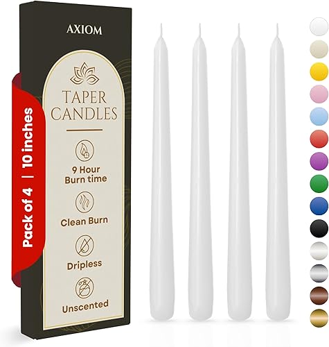 Axiom - Paquete de 10 velas cónicas sin perfume, 9.84 pulgadas de alto, más gruesas, 9 horas de tiempo de combustión, velas sin goteo de cera de