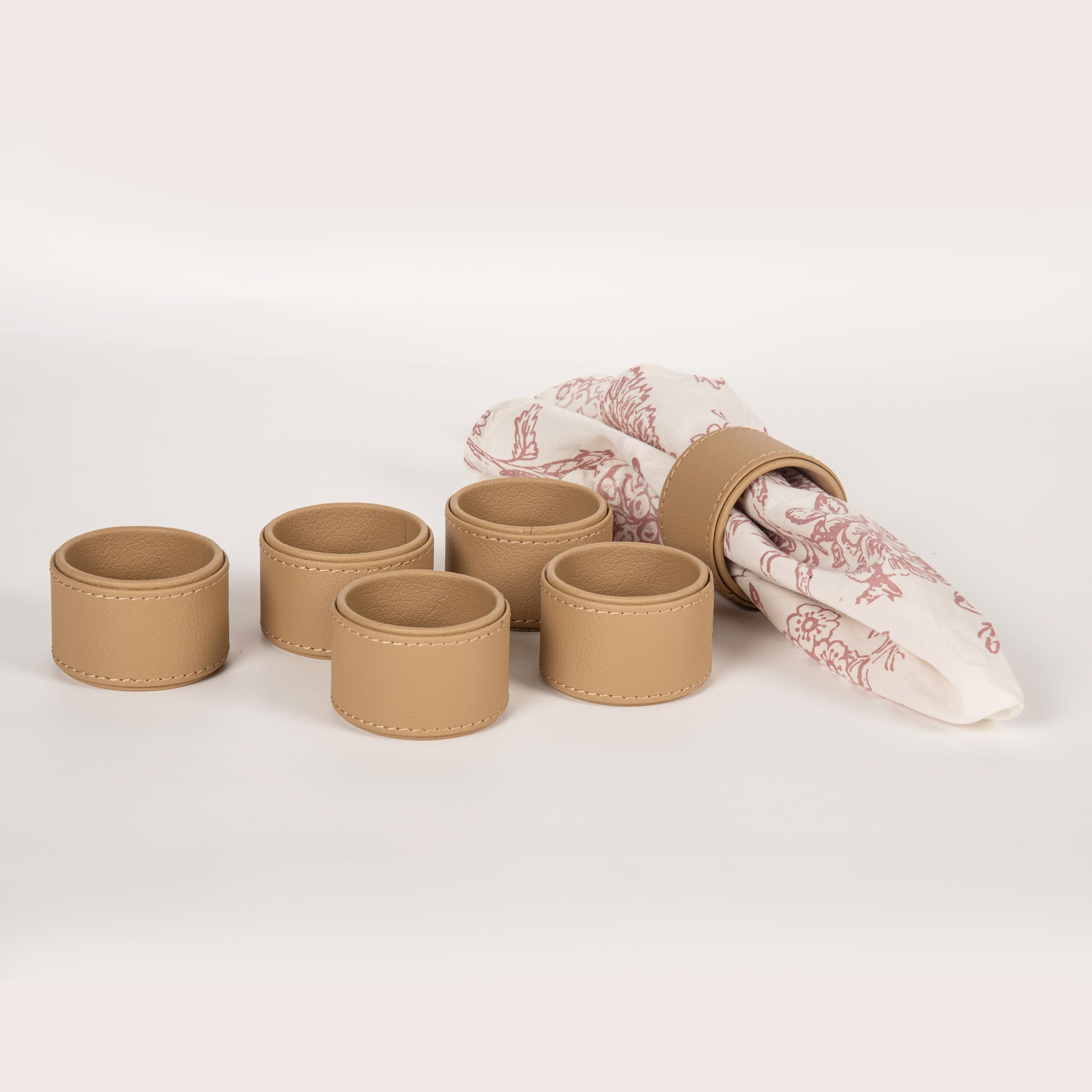 CASA BOTANICAL Hand Crafted Faux Leather Napkin Rings - Set of 6 for Table Decor, Weddings, Dinner Parties, Decorations (Beige) 2